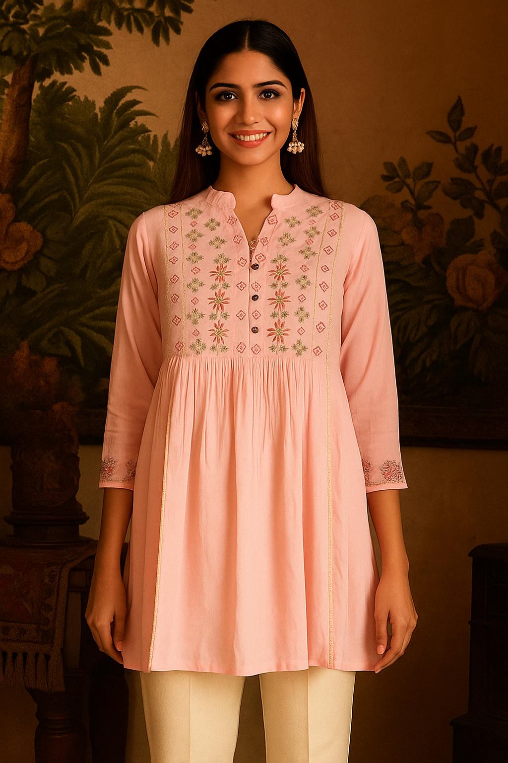 Pink Heavy Rayon Tunic Top with Delicate Floral Embroidery