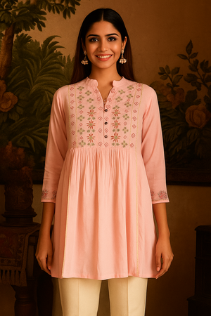 Pink Heavy Rayon Tunic Top with Delicate Floral Embroidery