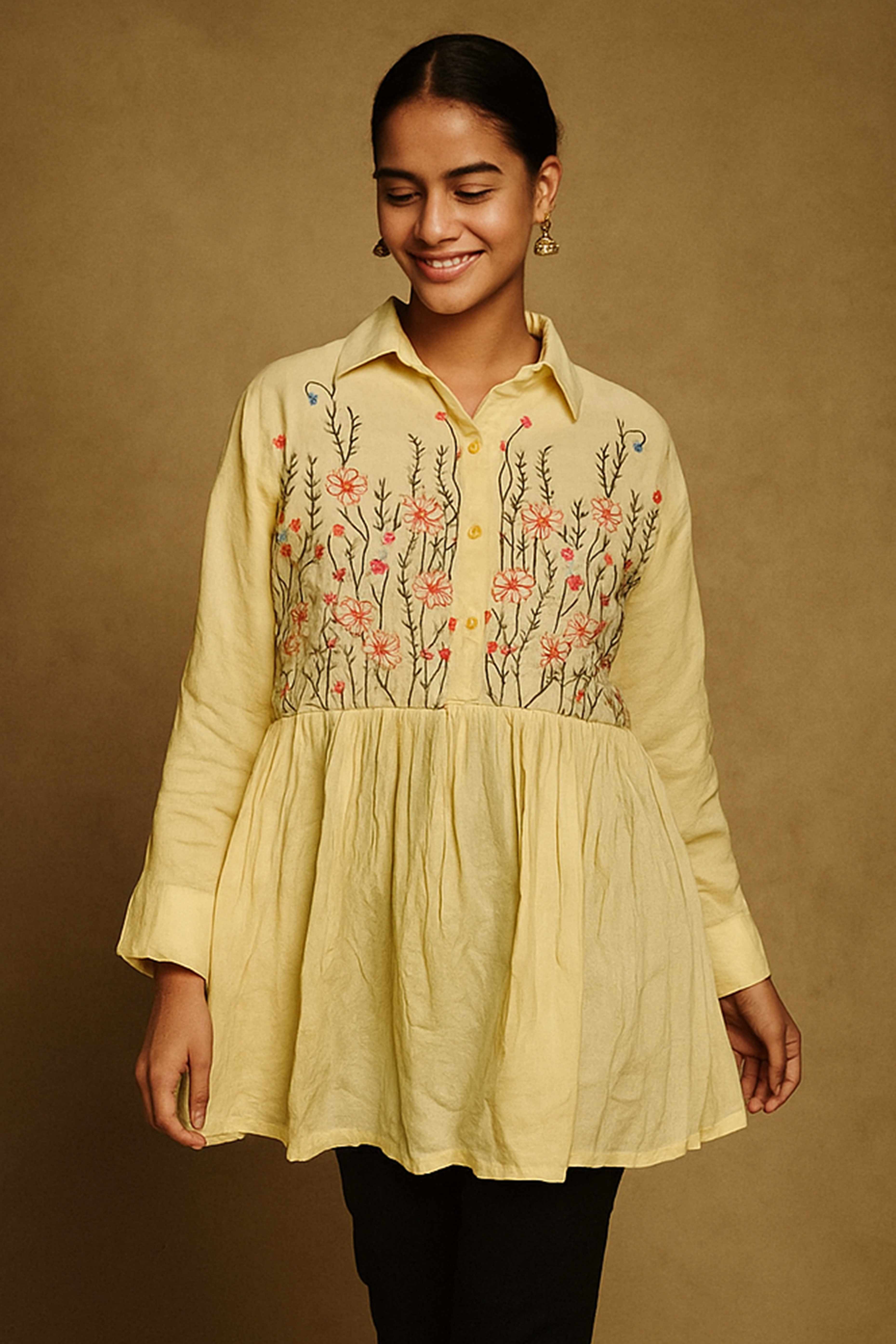 Powder Yellow Heavy Rayon Tunic Top with Delicate Floral Embroidery