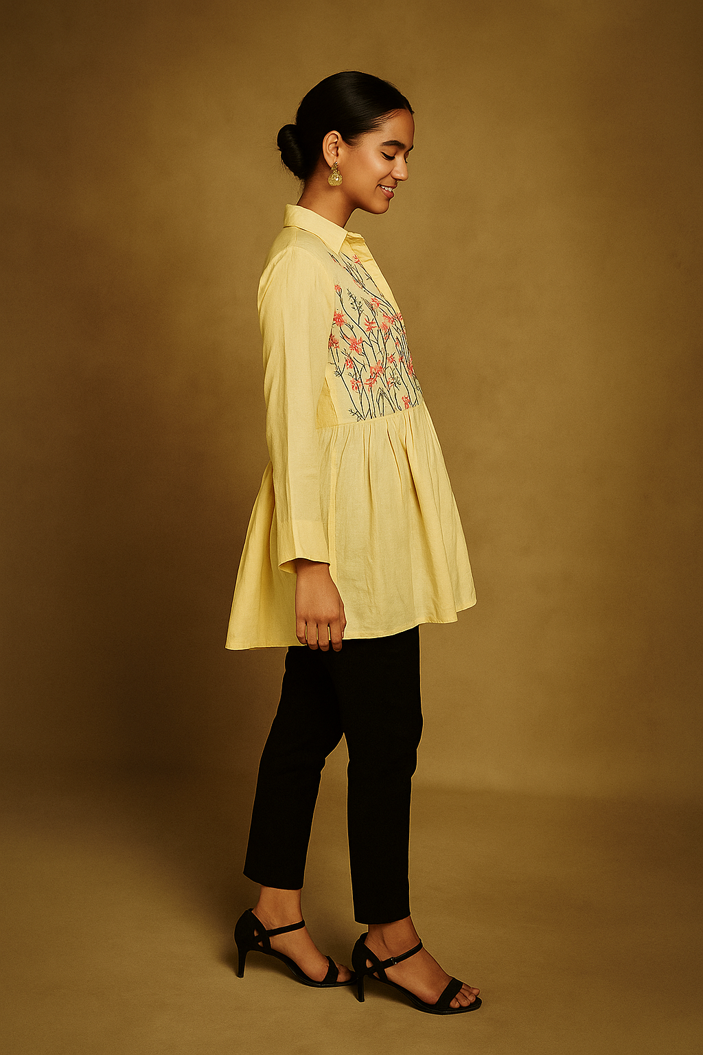 Powder Yellow Heavy Rayon Tunic Top with Delicate Floral Embroidery