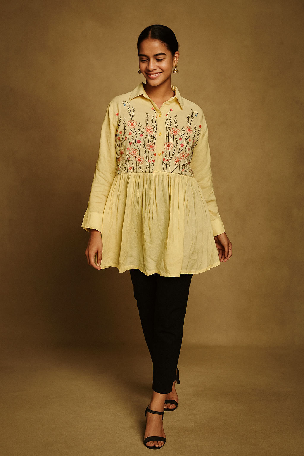 Powder Yellow Heavy Rayon Tunic Top with Delicate Floral Embroidery