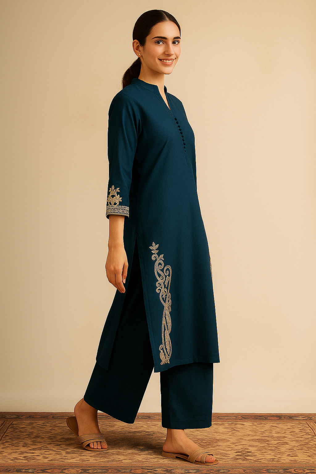 Teal Cambric Cotton Top Bottom Set Adorned with Delicate Embroidered Patterns