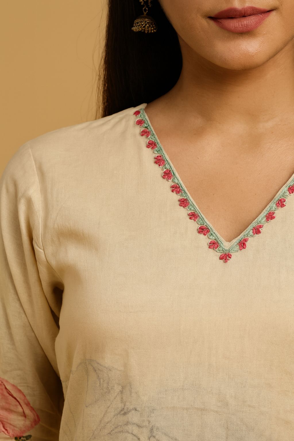 Off White Straight Cut Salwar Suit in Pure Cambric Cotton with Floral Design