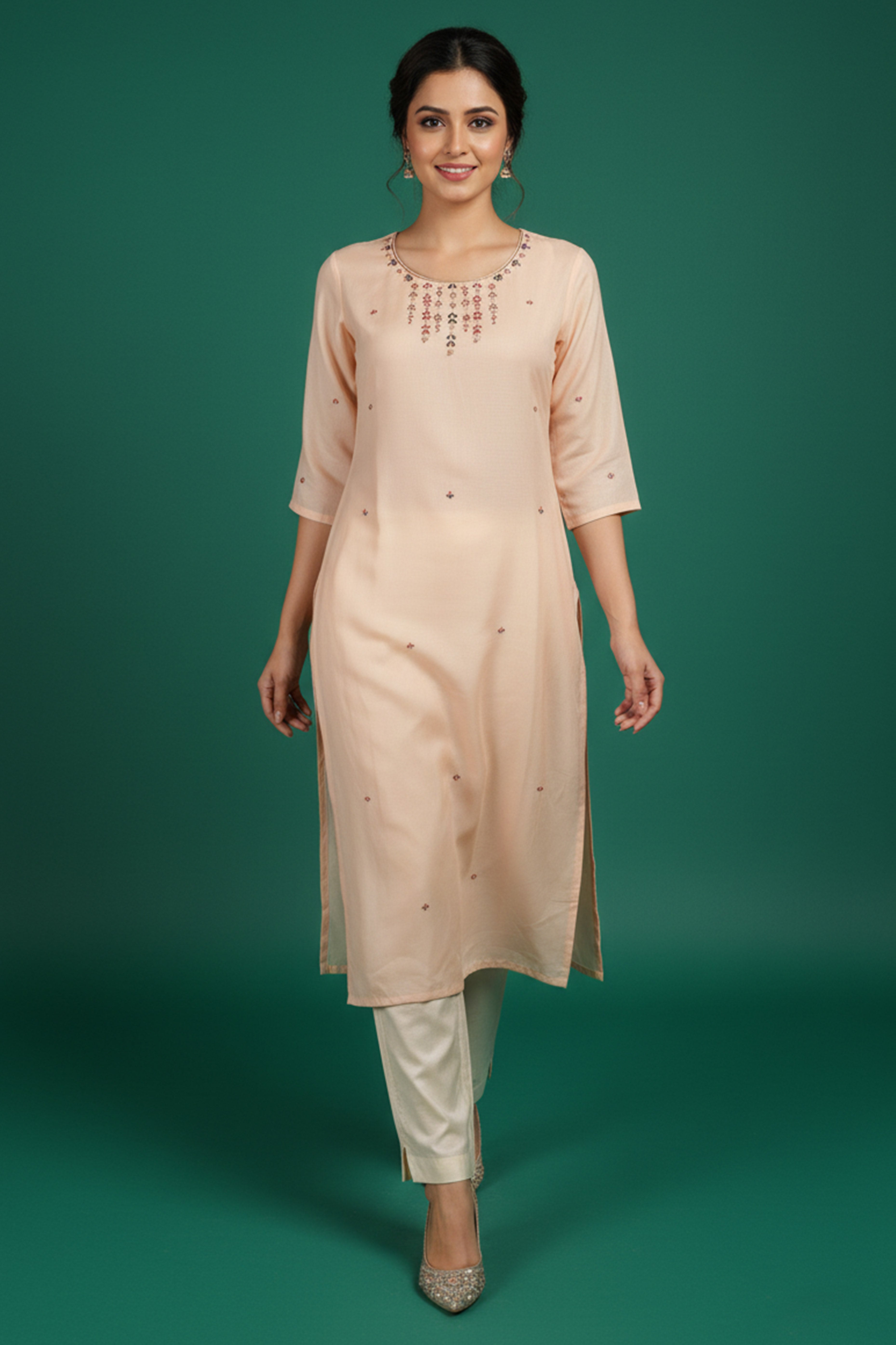 Festive Peach Viscose Rayon Kurti with Straight Cut and Neck Handwork