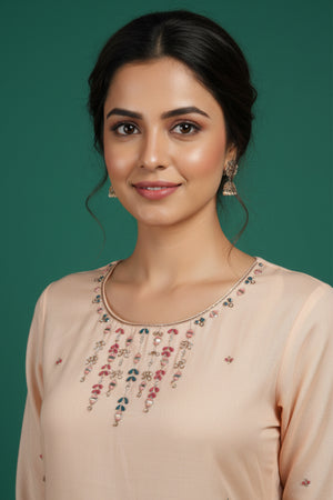 Festive Peach Viscose Rayon Salwar Suit with Straight Cut and Neck Handwork