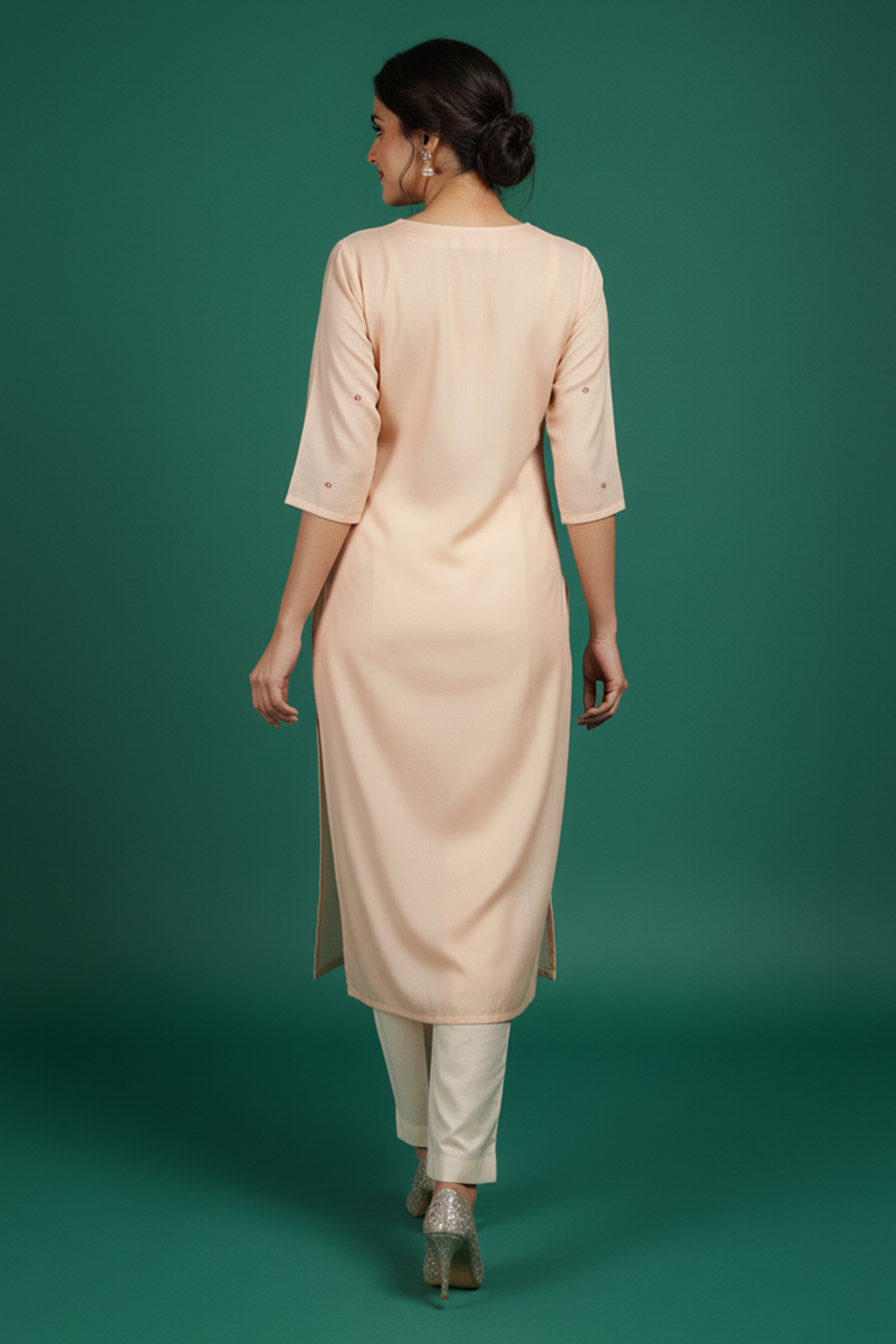 Festive Peach Viscose Rayon Kurti with Straight Cut and Neck Handwork