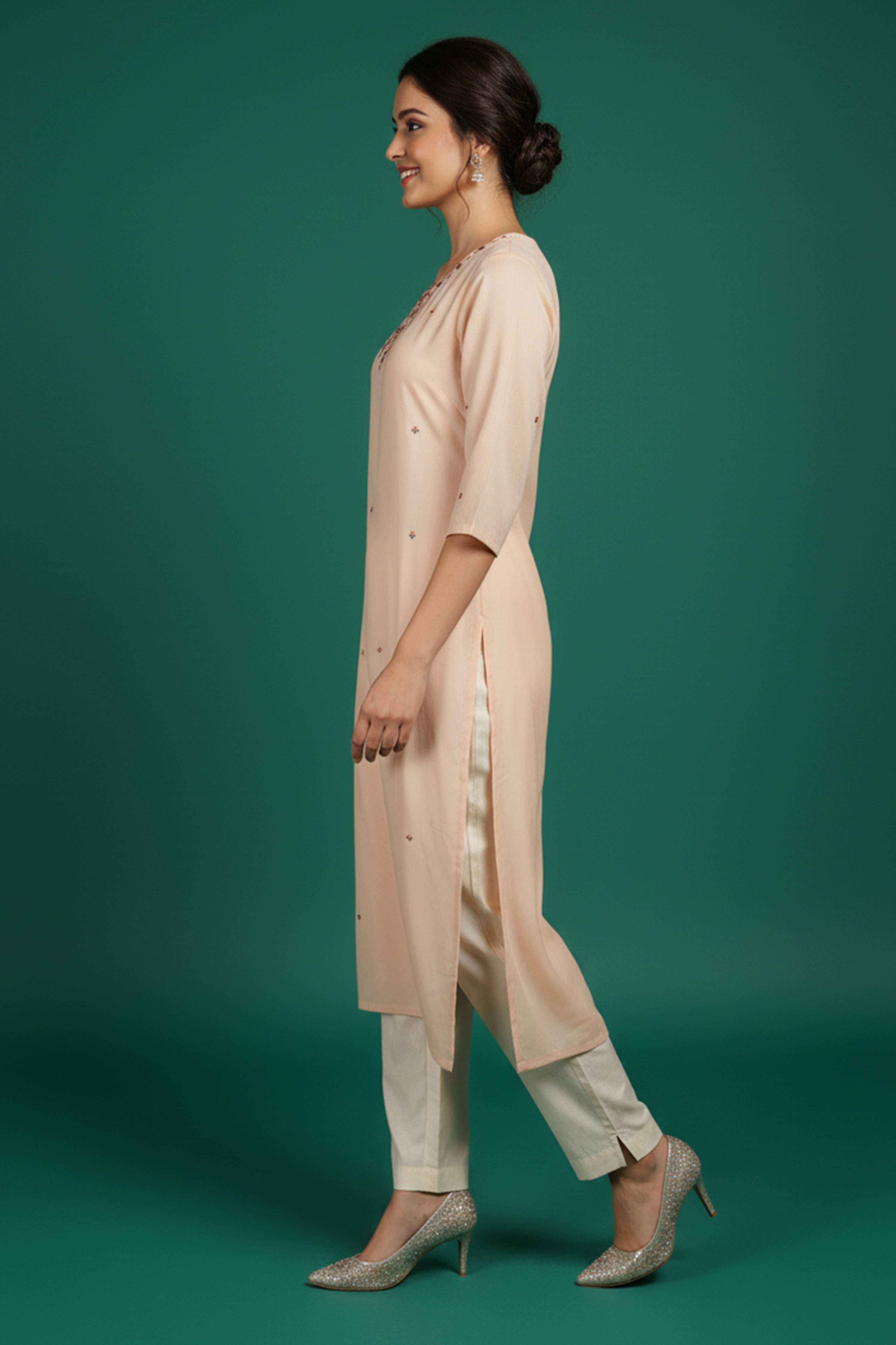 Festive Peach Viscose Rayon Kurti with Straight Cut and Neck Handwork