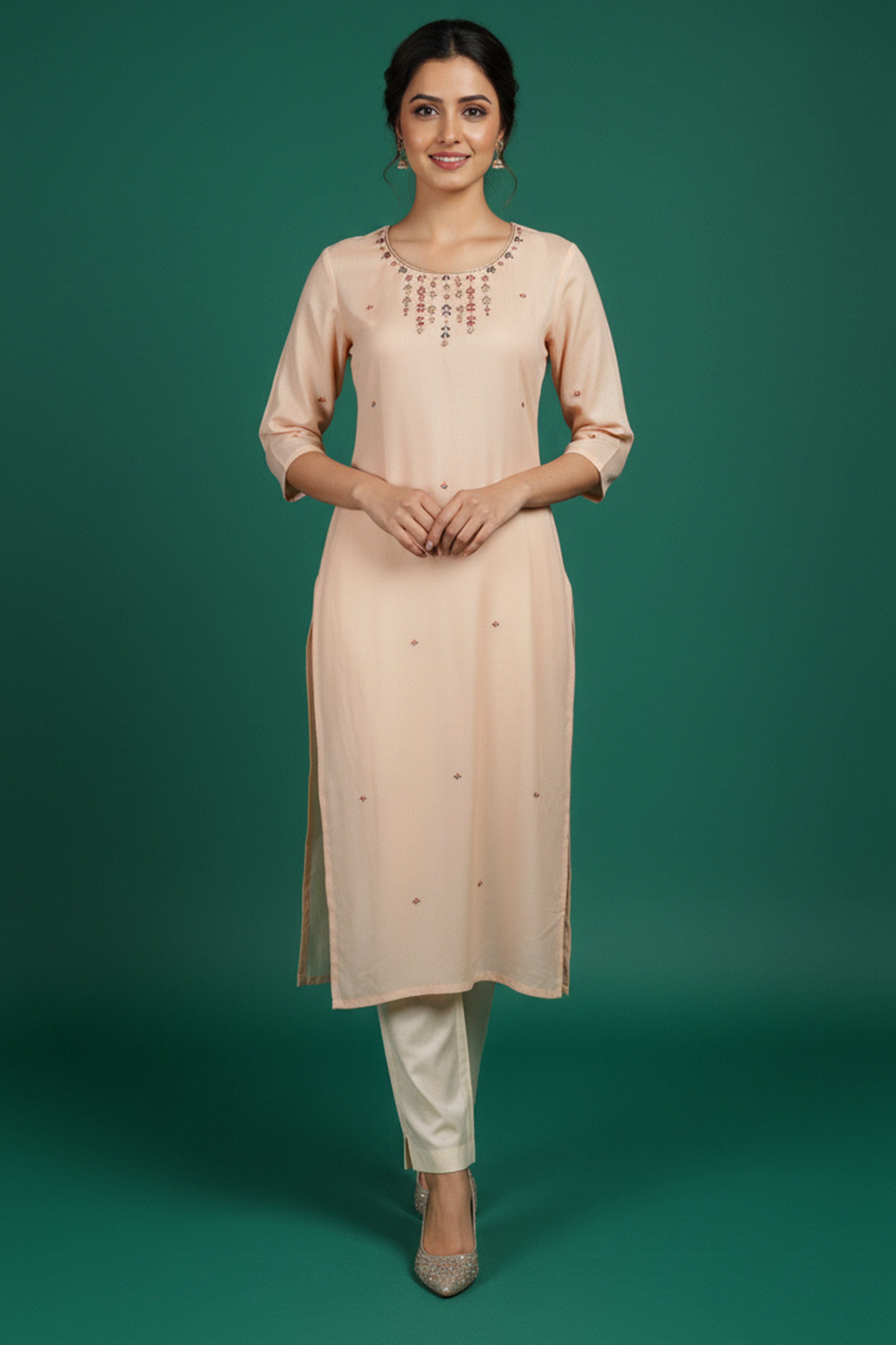 Festive Peach Viscose Rayon Kurti with Straight Cut and Neck Handwork