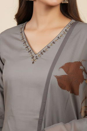 Grey Straight Cut Salwar Suit in Pure Cambric Cotton with Floral Design
