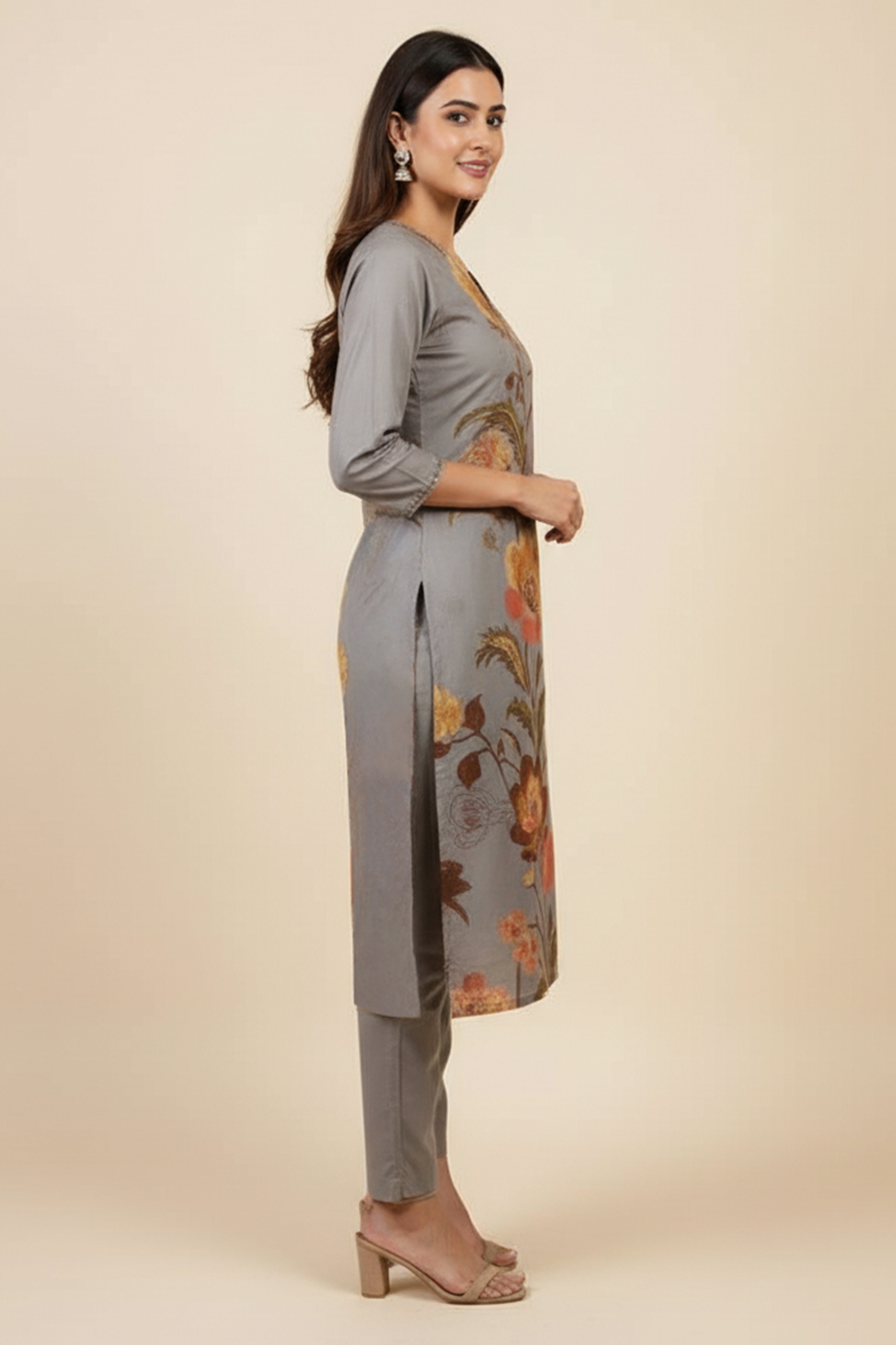 Grey Straight Cut Salwar Suit in Pure Cambric Cotton with Floral Design