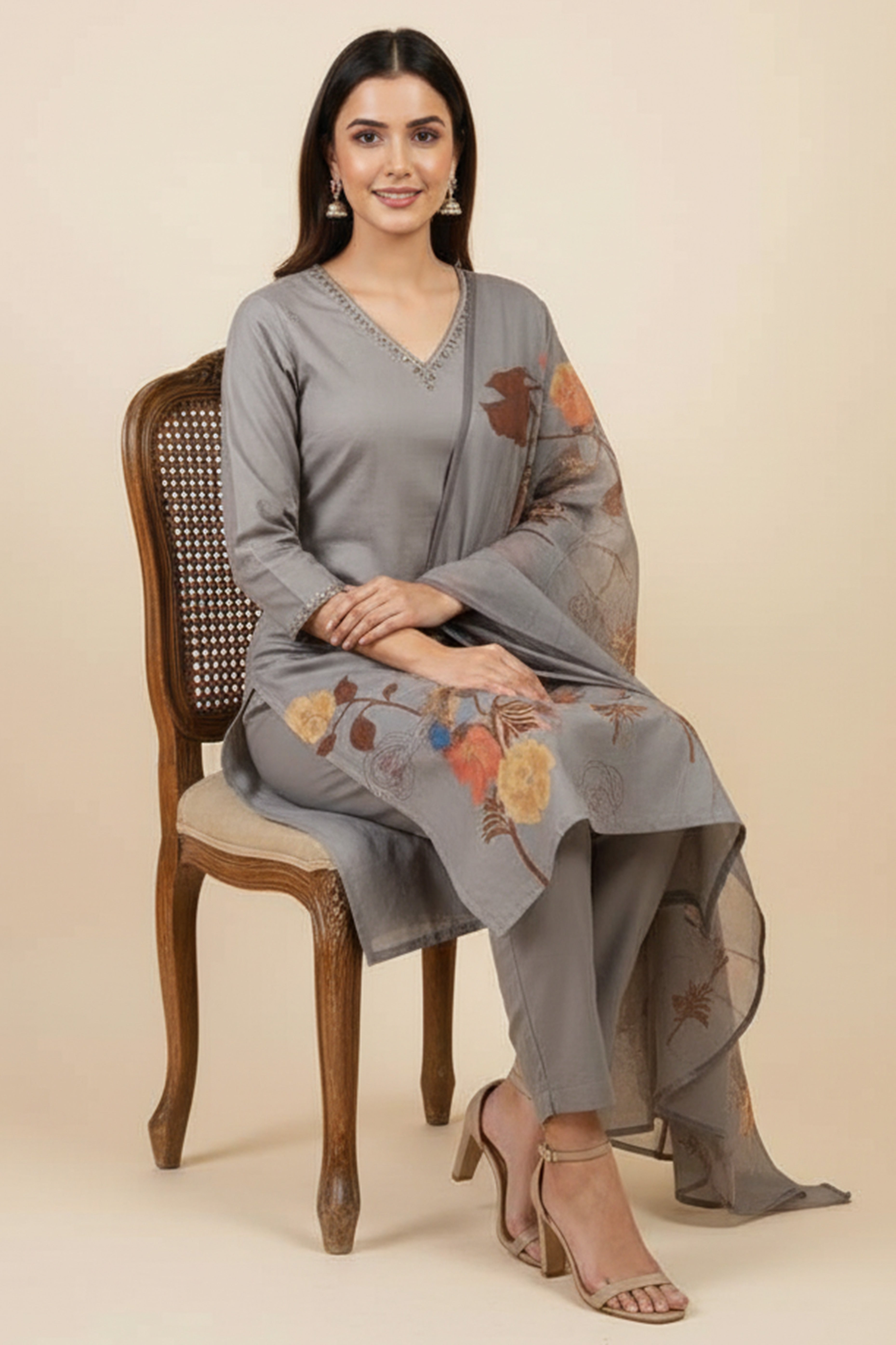 Grey Straight Cut Salwar Suit in Pure Cambric Cotton with Floral Design