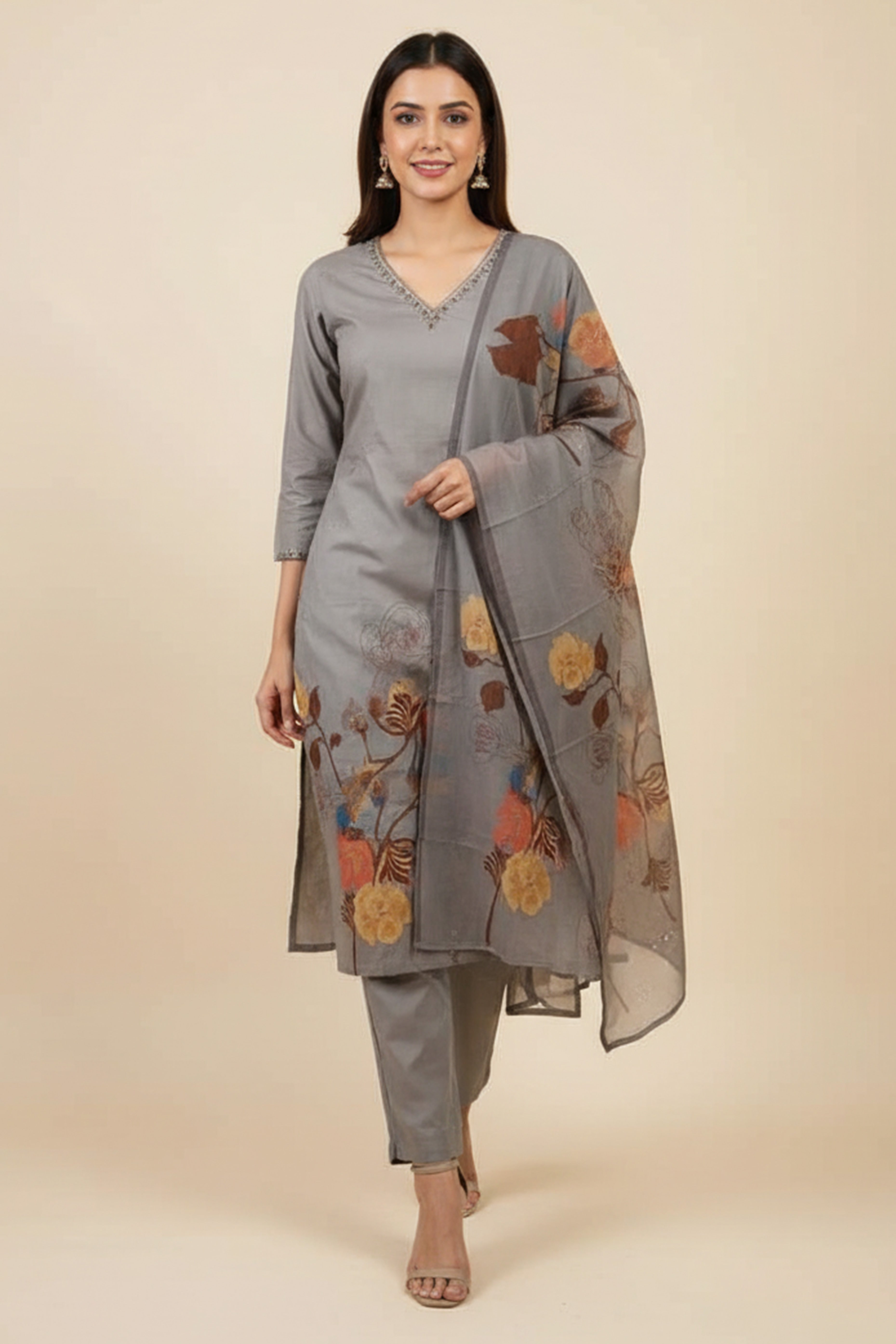 Grey Straight Cut Salwar Suit in Pure Cambric Cotton with Floral Design