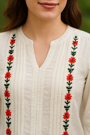 White Floral Embroidered Rayon Rinkal Top