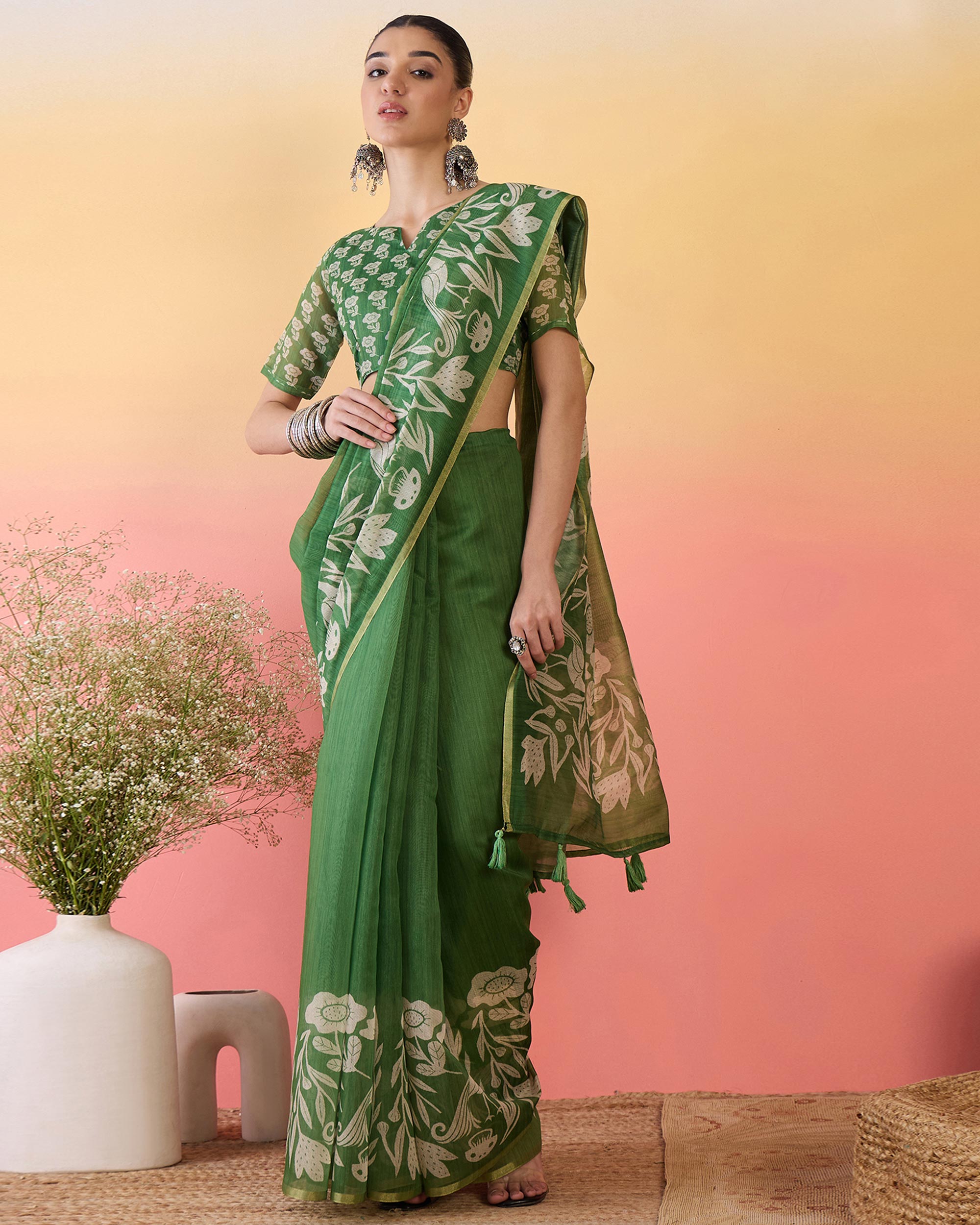 Green Linen Cotton Saree Featuring Elegant Floral & Bird Prints With Tassel Pallu
