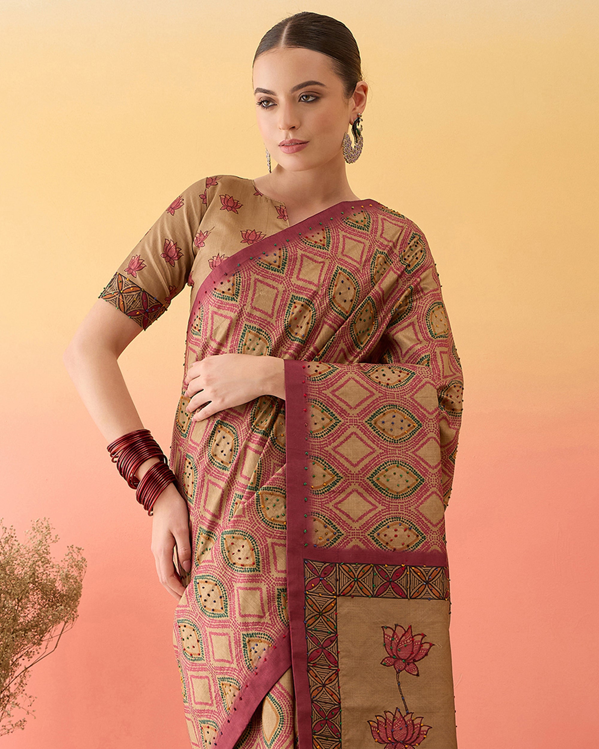 Beige Kalamkari Style Printed Cotton Silk Saree Knot Work Tassels Ethnic Wear