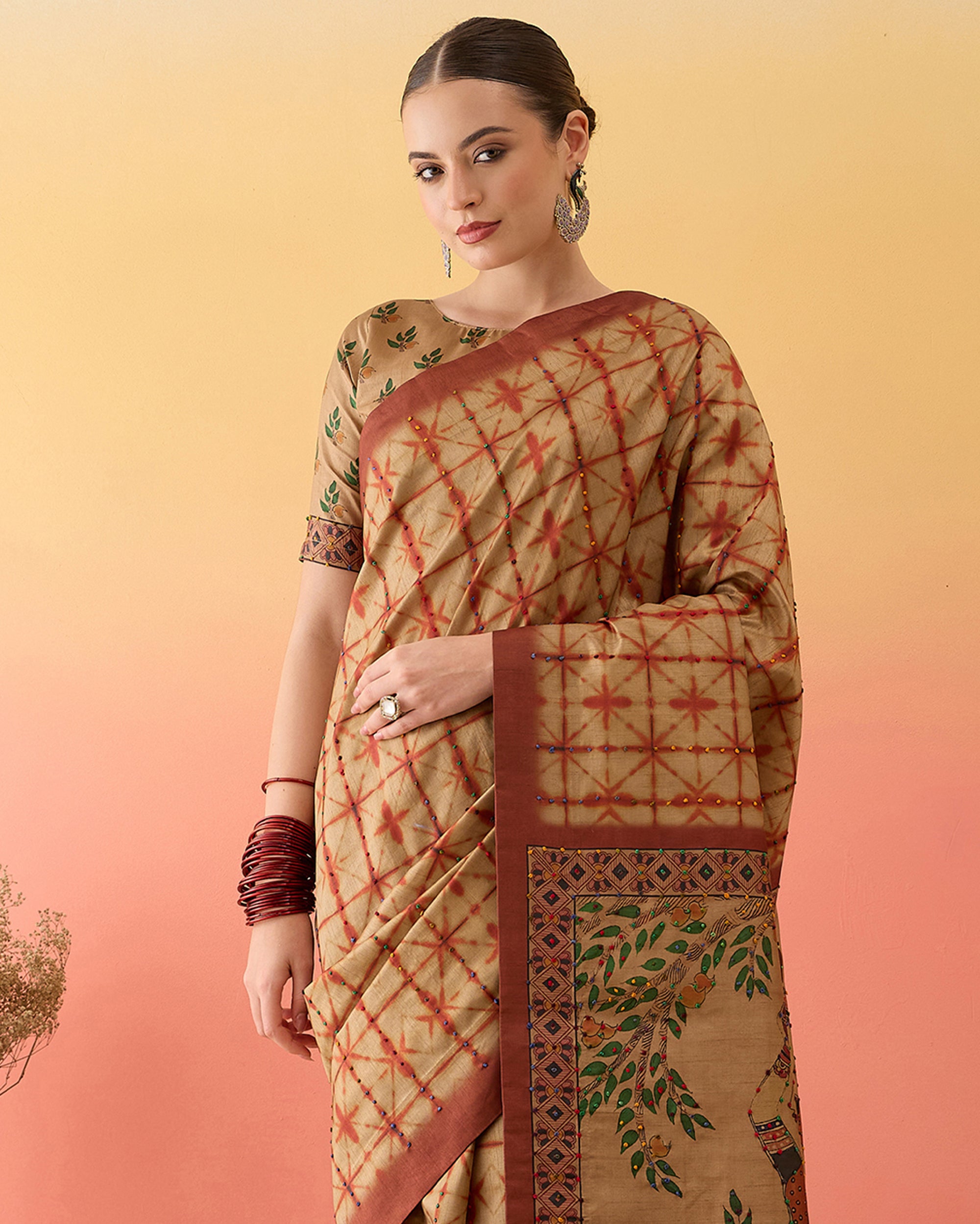 Beige Printed Kalamkari Cotton Silk Saree Flowy Drape Knot Detailing Traditional Grace