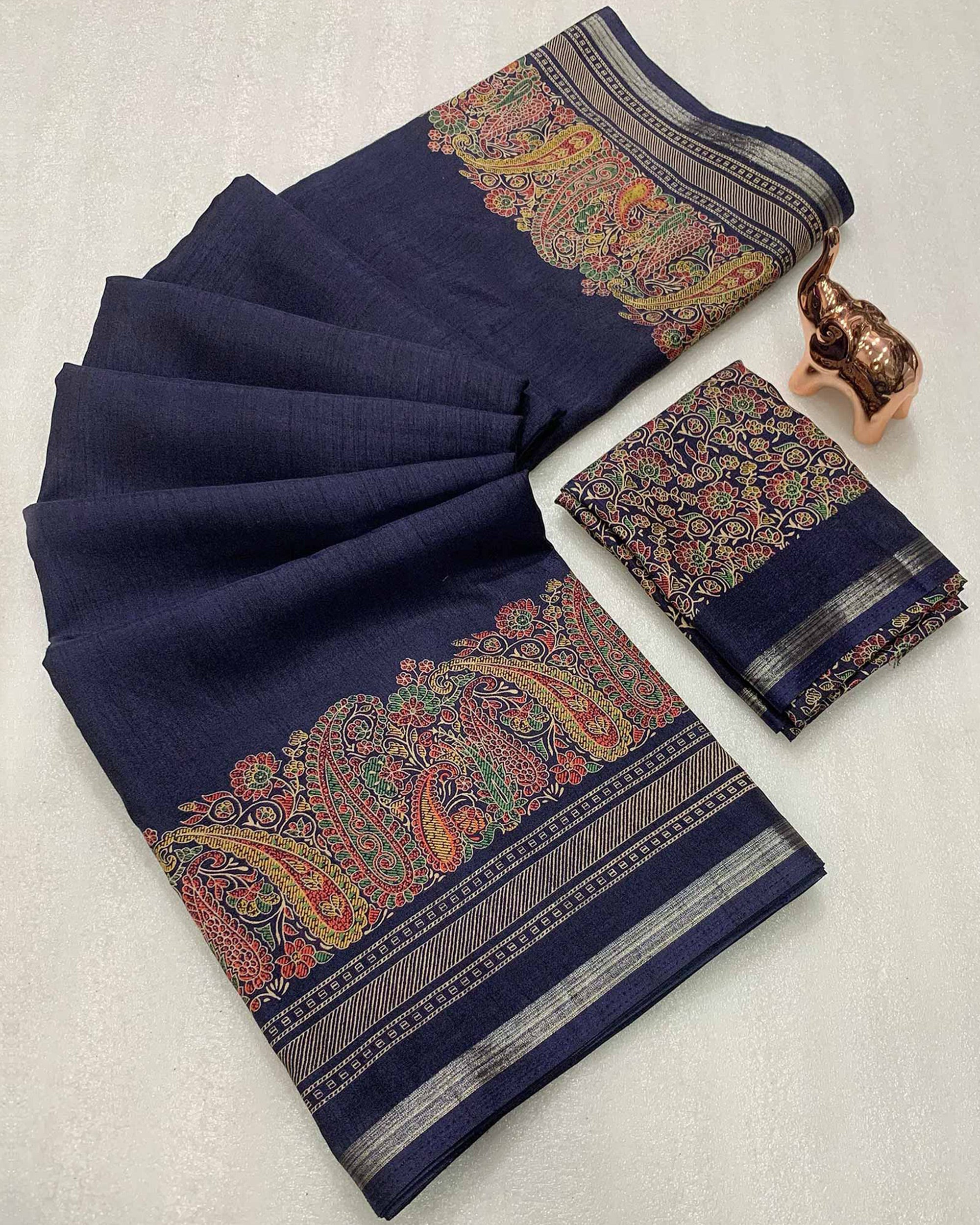 Navy Blue Silk Blend Saree With Timeless Kashmiri Print Elegance