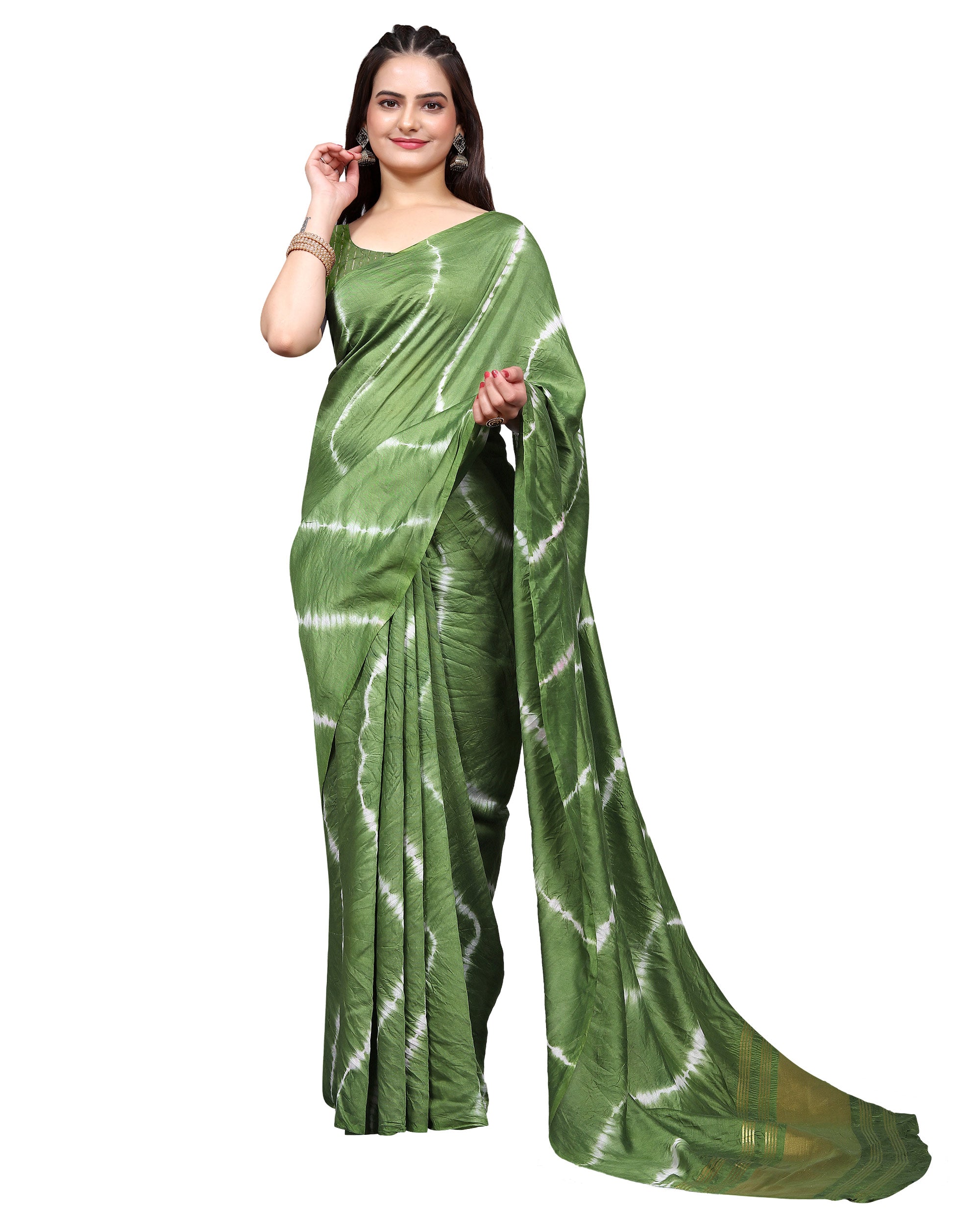 Green Leheriya Printed Chanderi Cotton Silk Lagdi Patta Saree