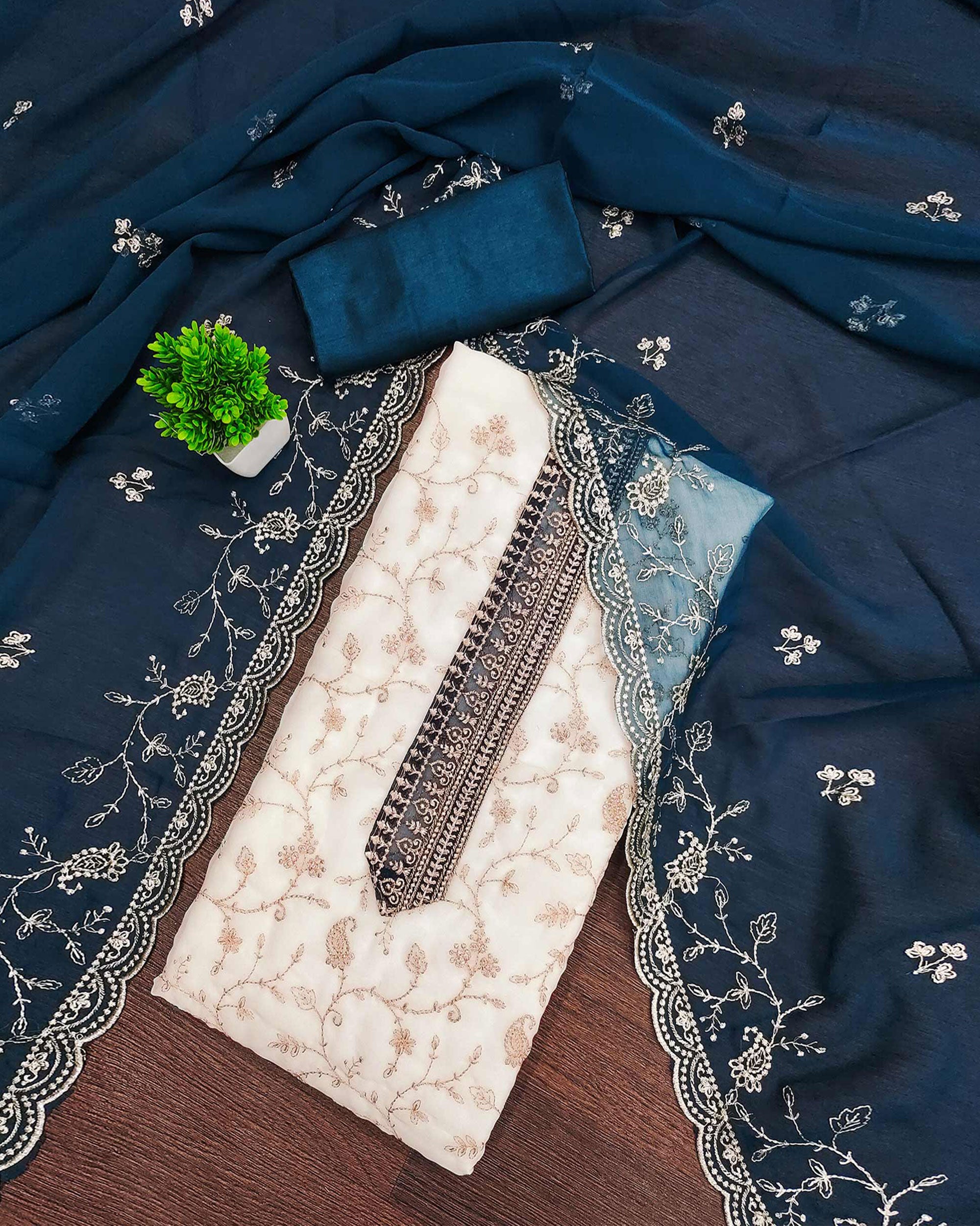 White & Blue Georgette Dress Material Showcasing Elegant Floral Thread Embroidery Work