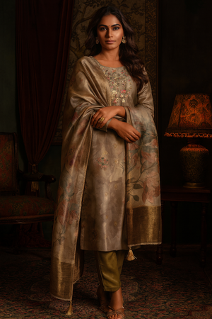 Dark Olive Shimmer Chanderi Silk Suit with Floral Digital Work & Subtle Hand Embroidery
