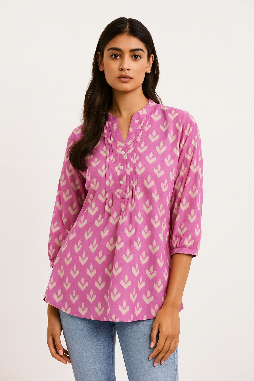 Pink Ikkat Printed Pure Cotton A-Line Tunic for Everyday Wear