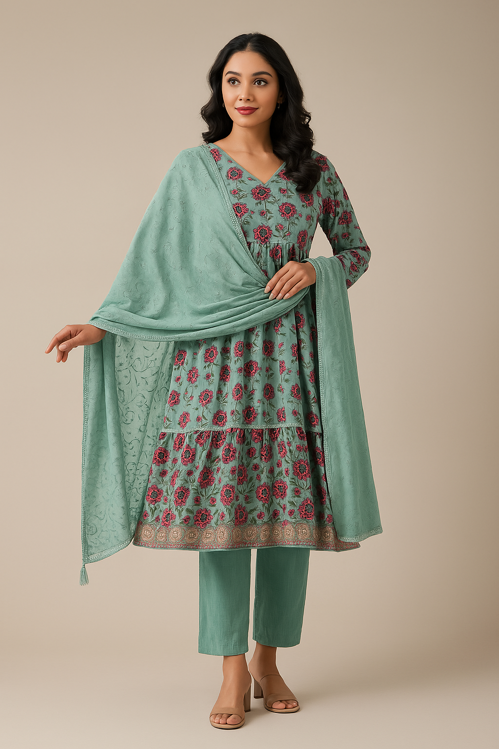 Mint Green Zardosi Work Floral Printed Pure Cotton Anarkali Salwar Suit