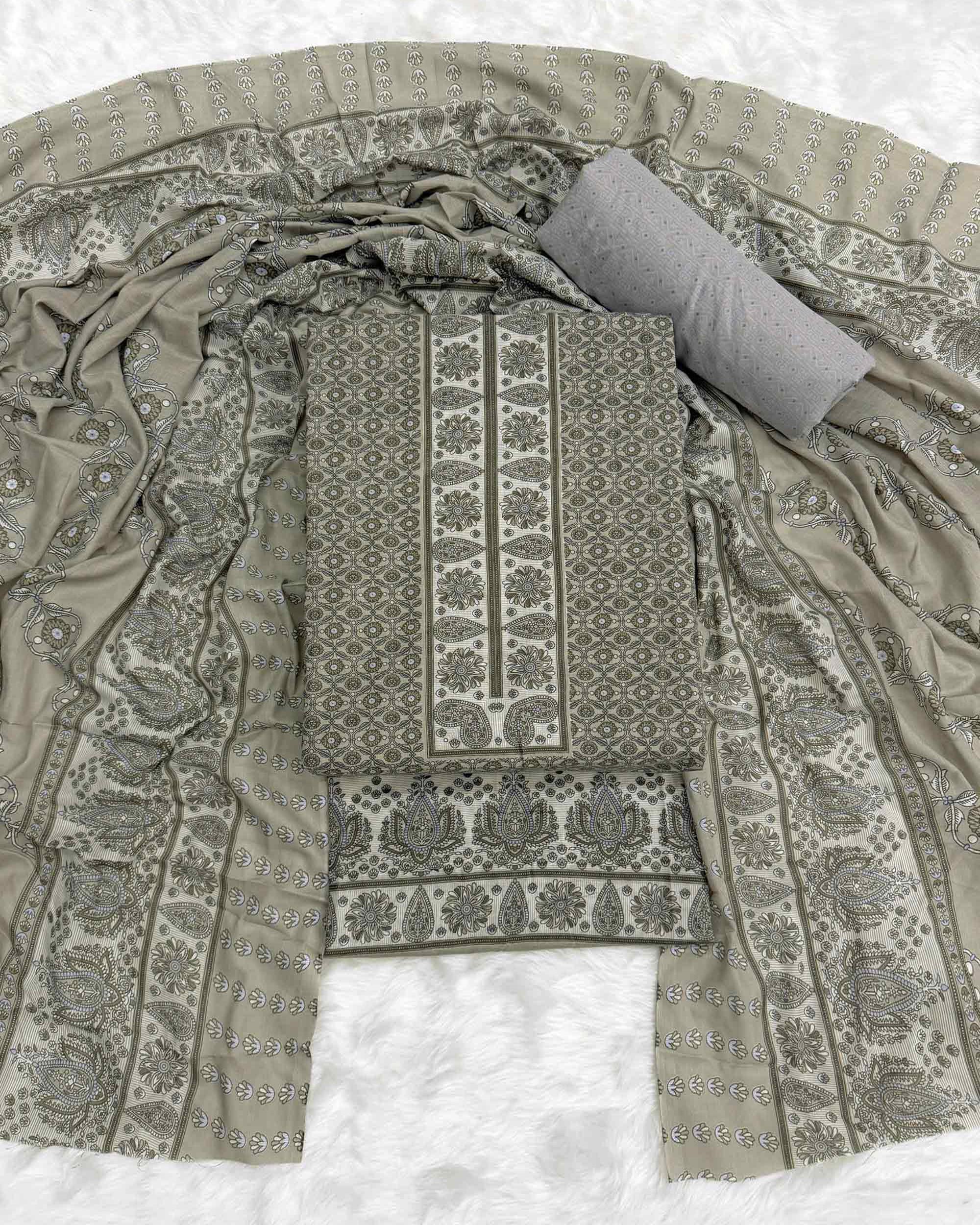 Vibrant Grey Floral Print Pure Cotton Dress Material With Refined Craftsmanship