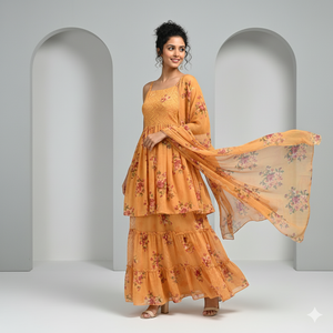 Orange Floral Digital Printed Georgette Sharara Suit
