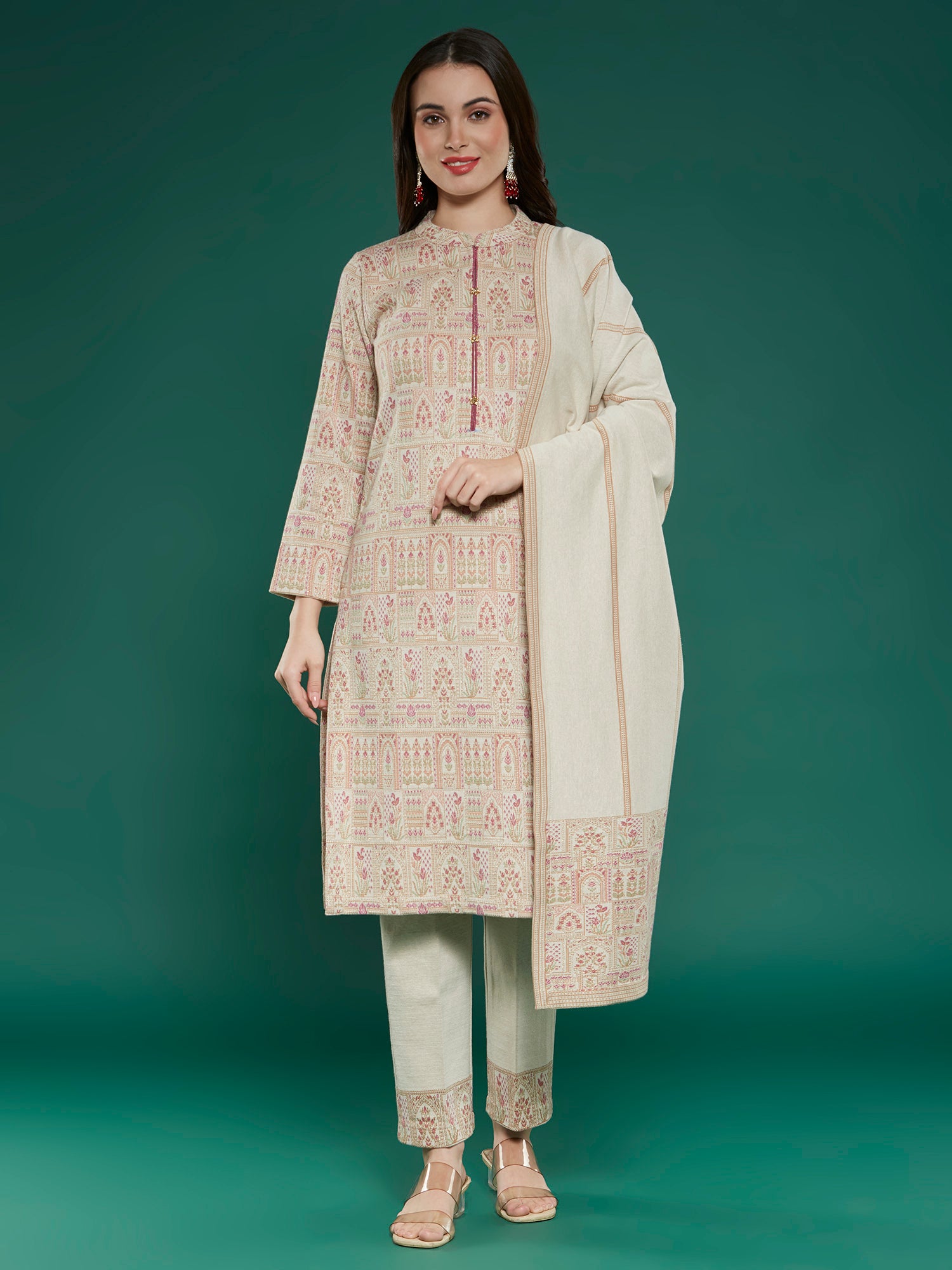 Beige Floral Woven Woolen Straight Salwar Suit