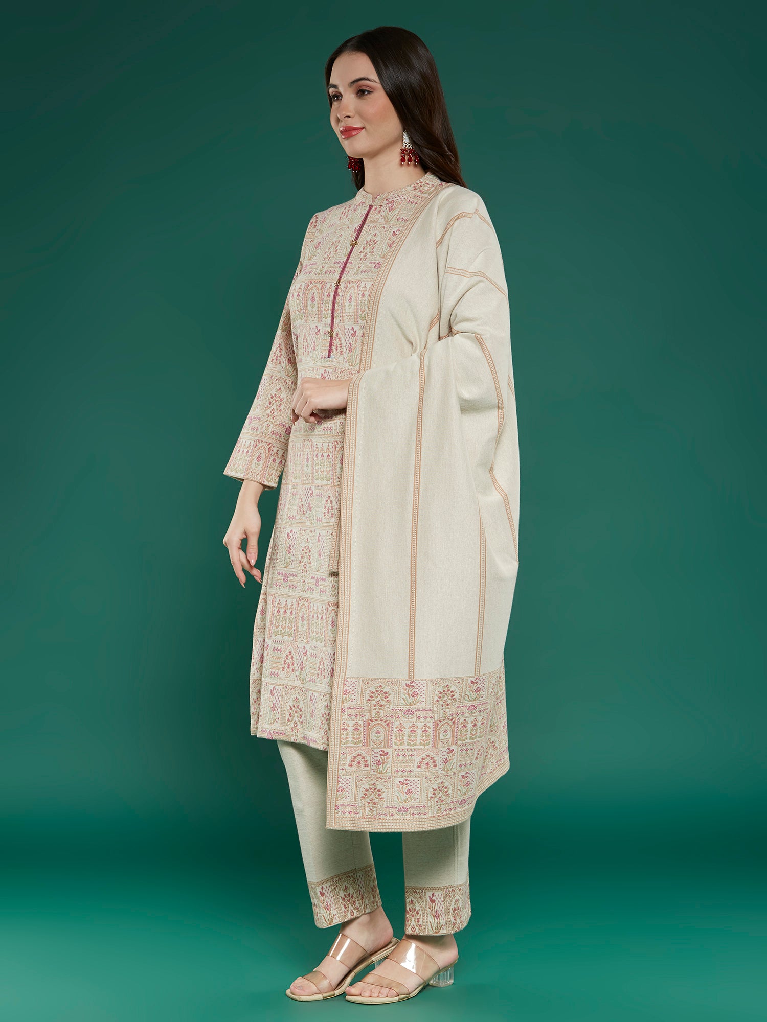 Beige Floral Woven Woolen Straight Salwar Suit