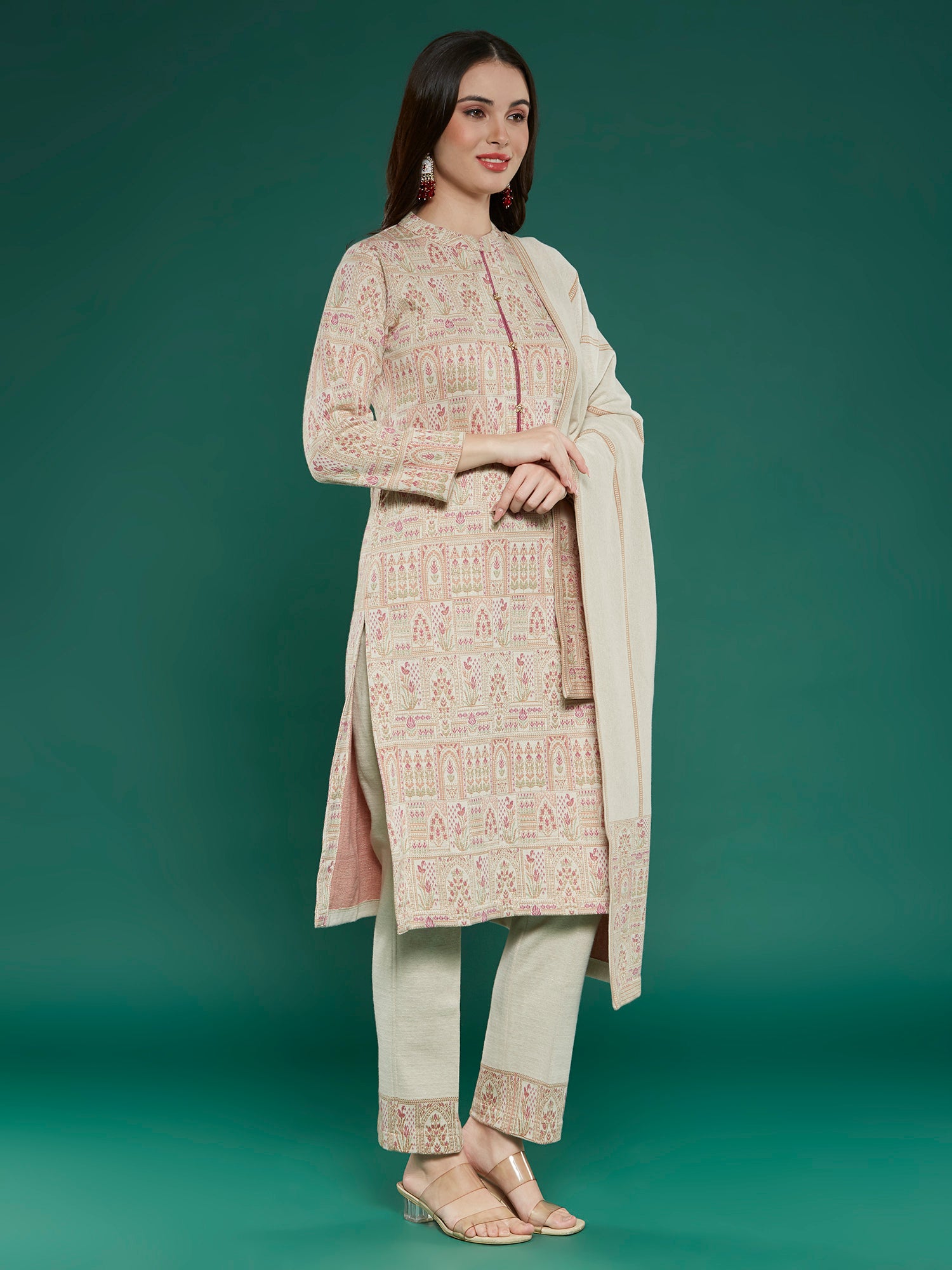 Beige Floral Woven Woolen Straight Salwar Suit