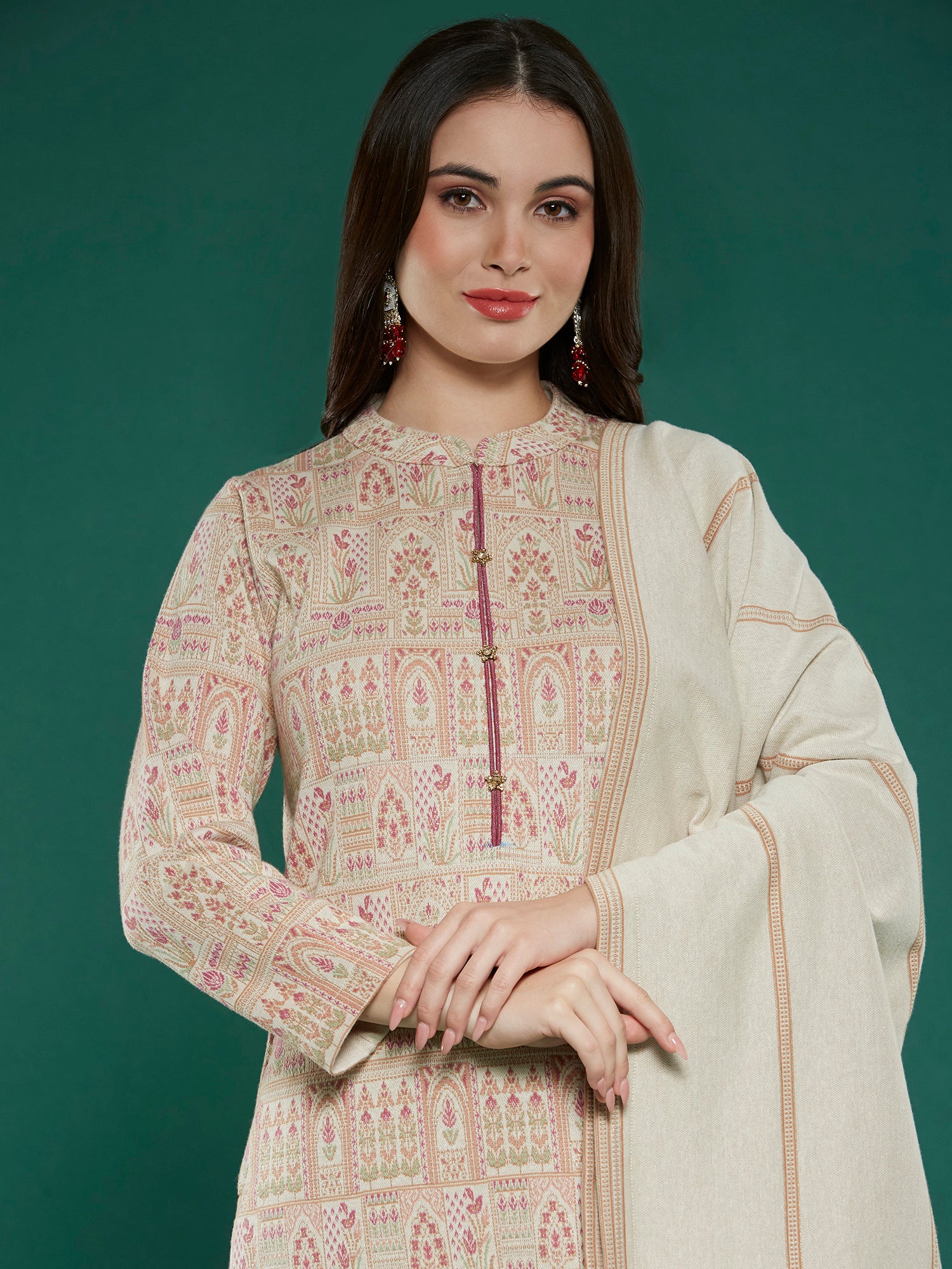 Beige Floral Woven Woolen Straight Salwar Suit