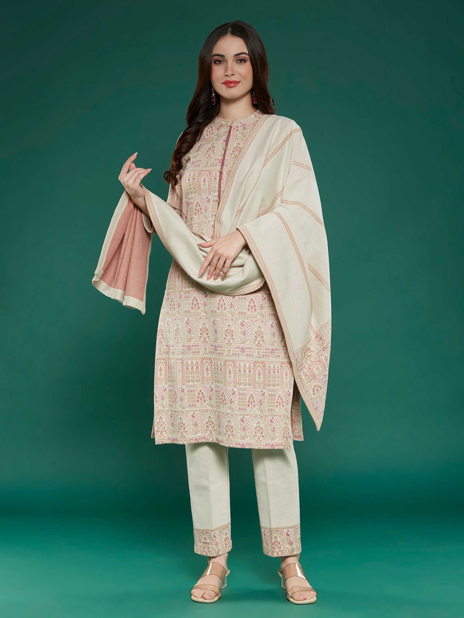 Beige Floral Woven Woolen Straight Salwar Suit