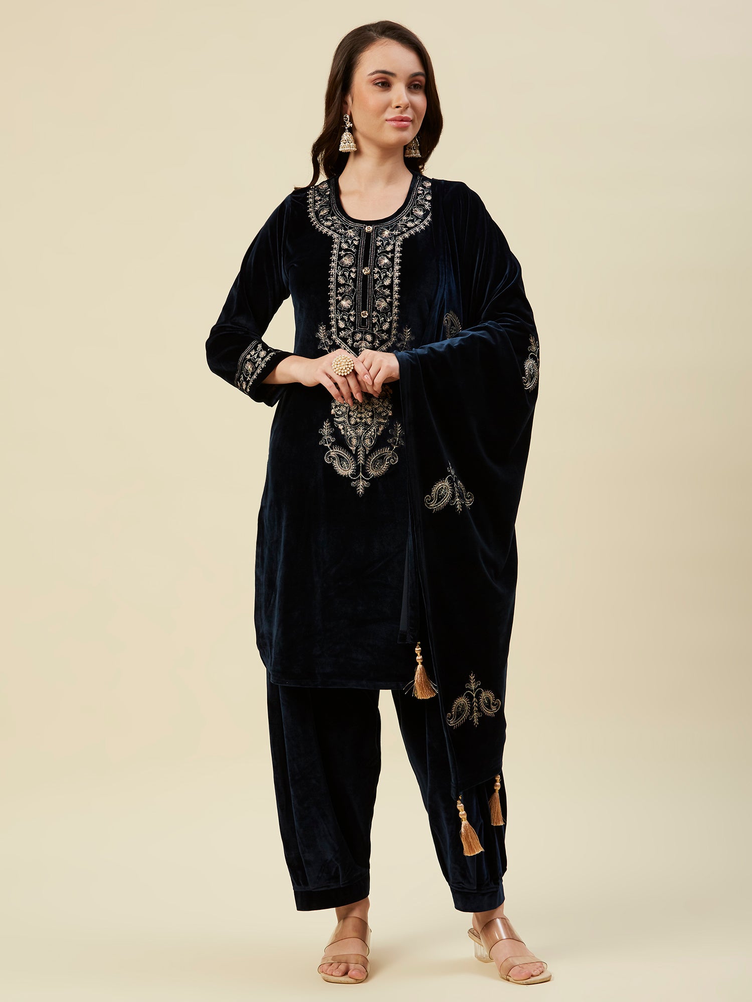 Navy Blue Embroidered Velvet Straight Salwar Suit