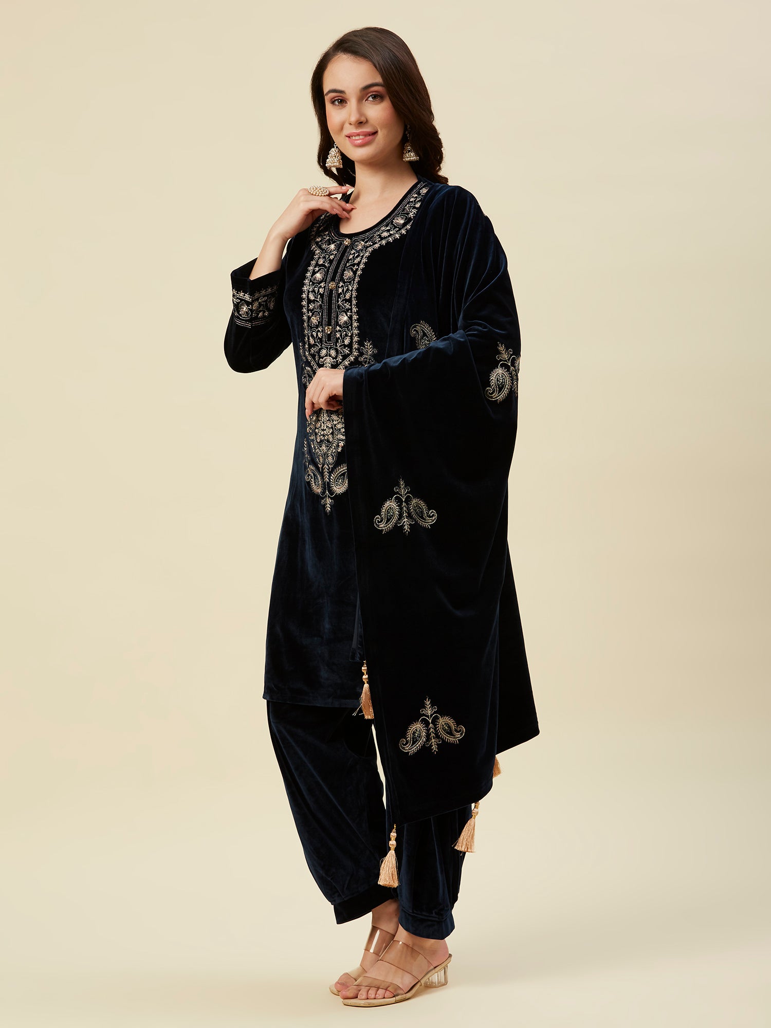 Navy Blue Embroidered Velvet Straight Salwar Suit