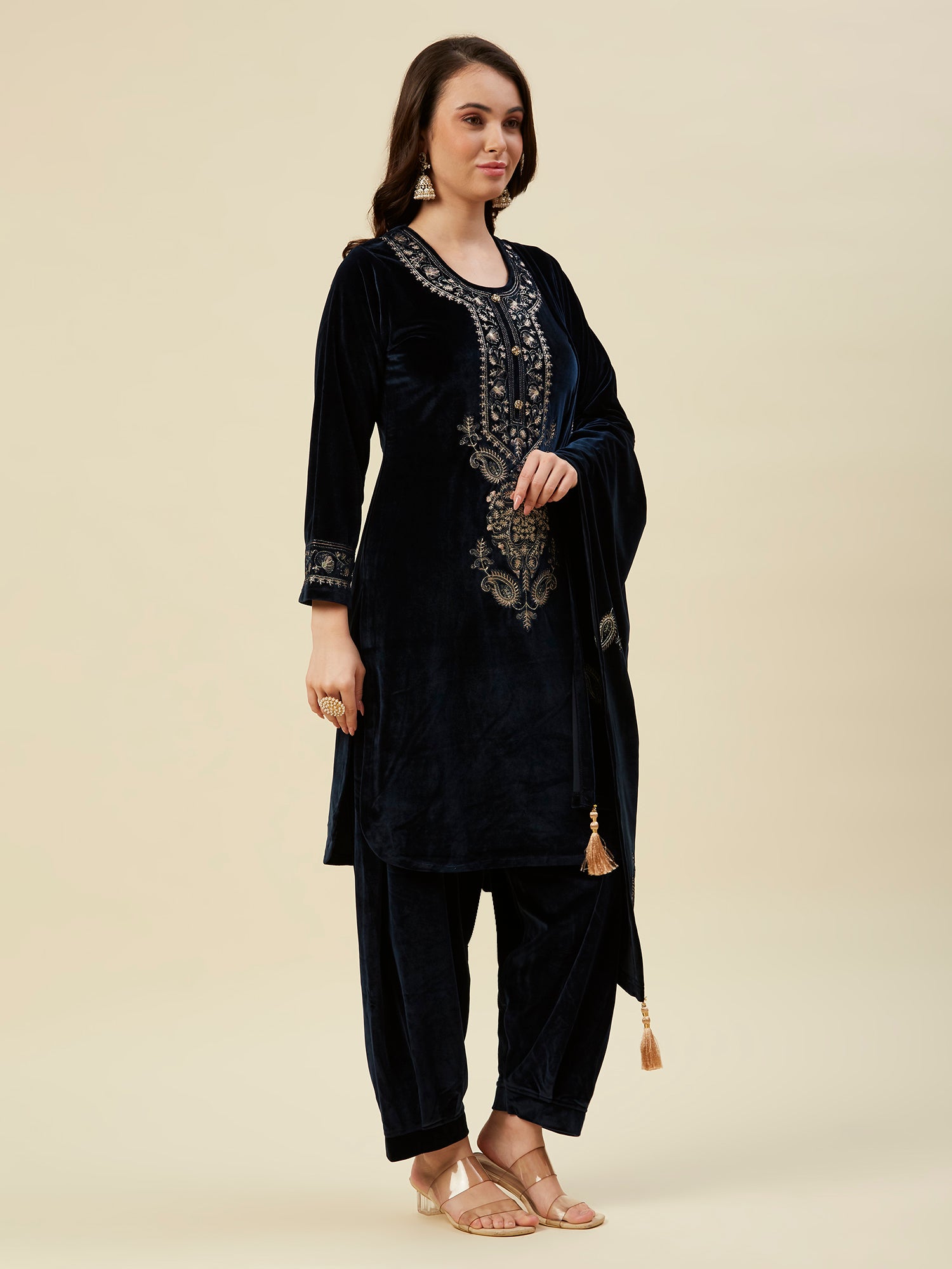 Navy Blue Embroidered Velvet Straight Salwar Suit