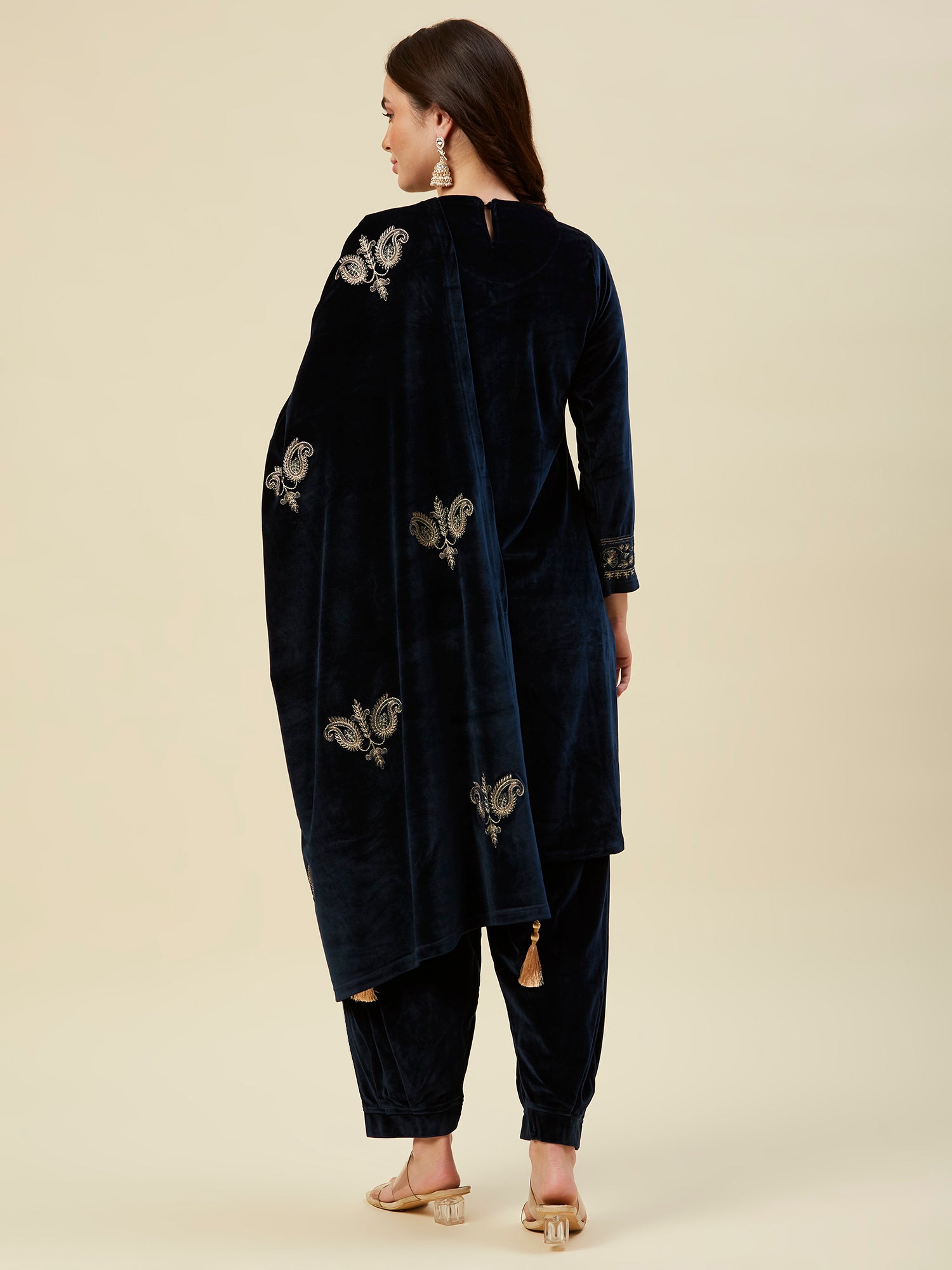 Navy Blue Embroidered Velvet Straight Salwar Suit