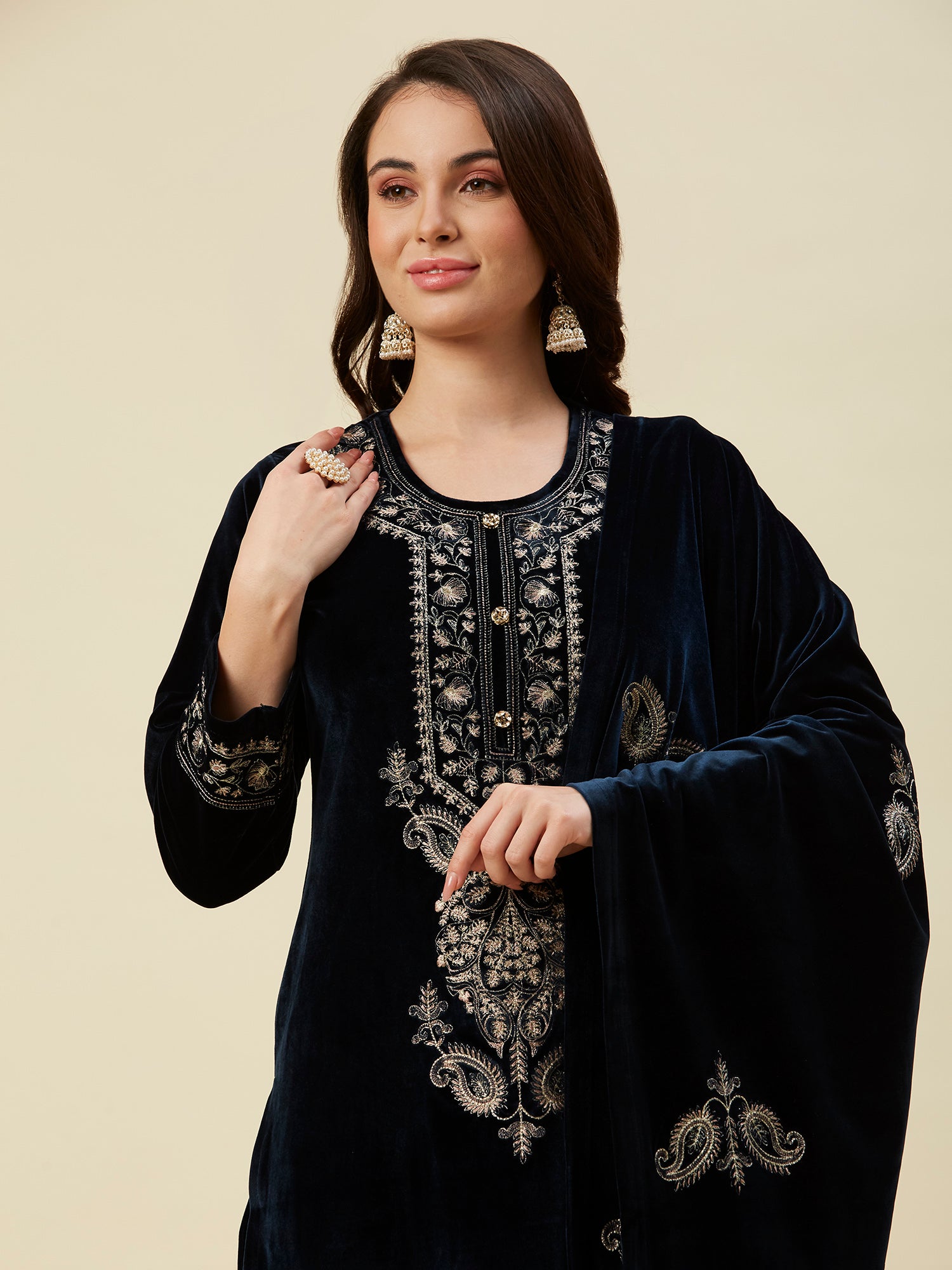 Navy Blue Embroidered Velvet Straight Salwar Suit