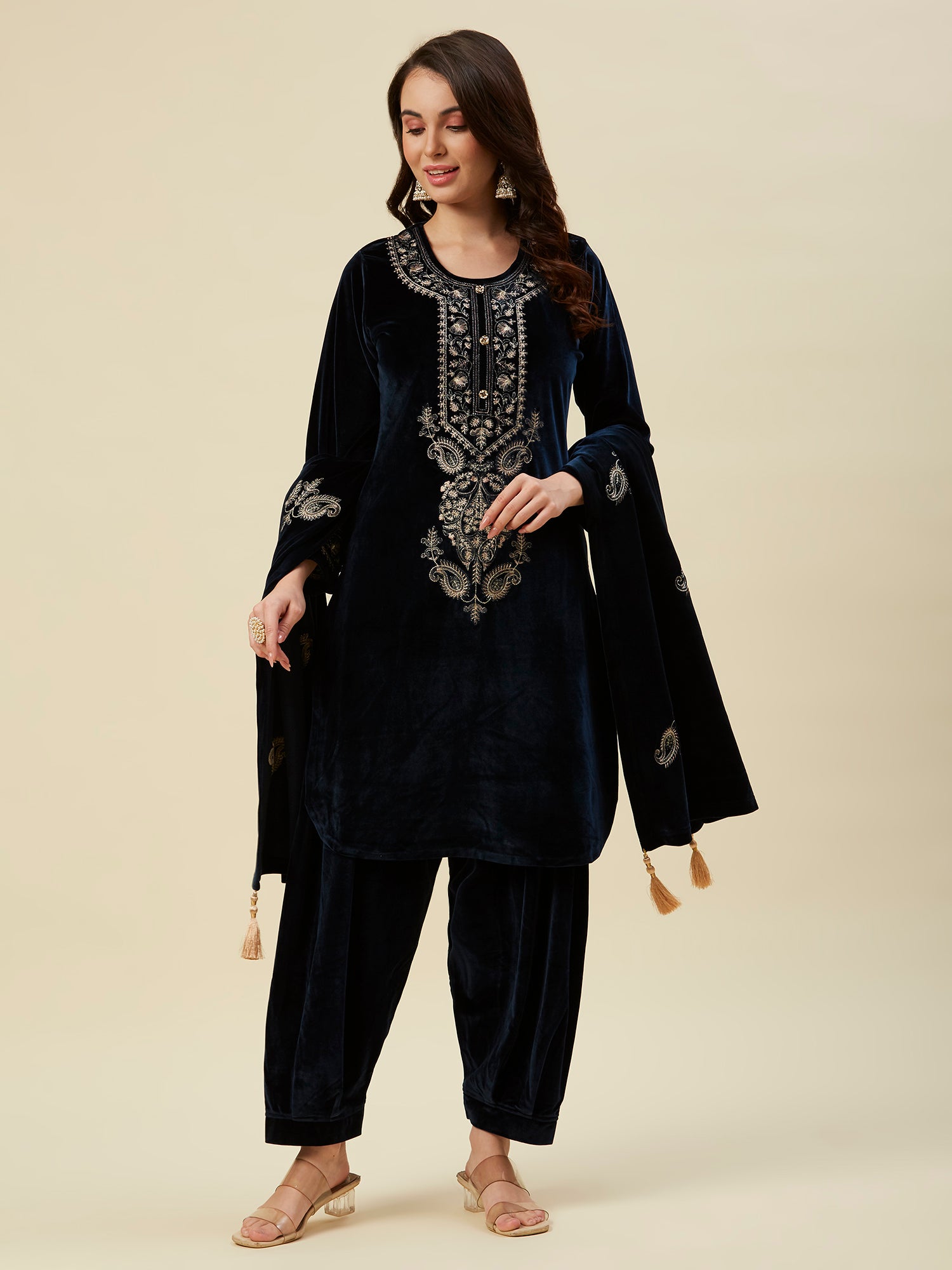 Navy Blue Embroidered Velvet Straight Salwar Suit