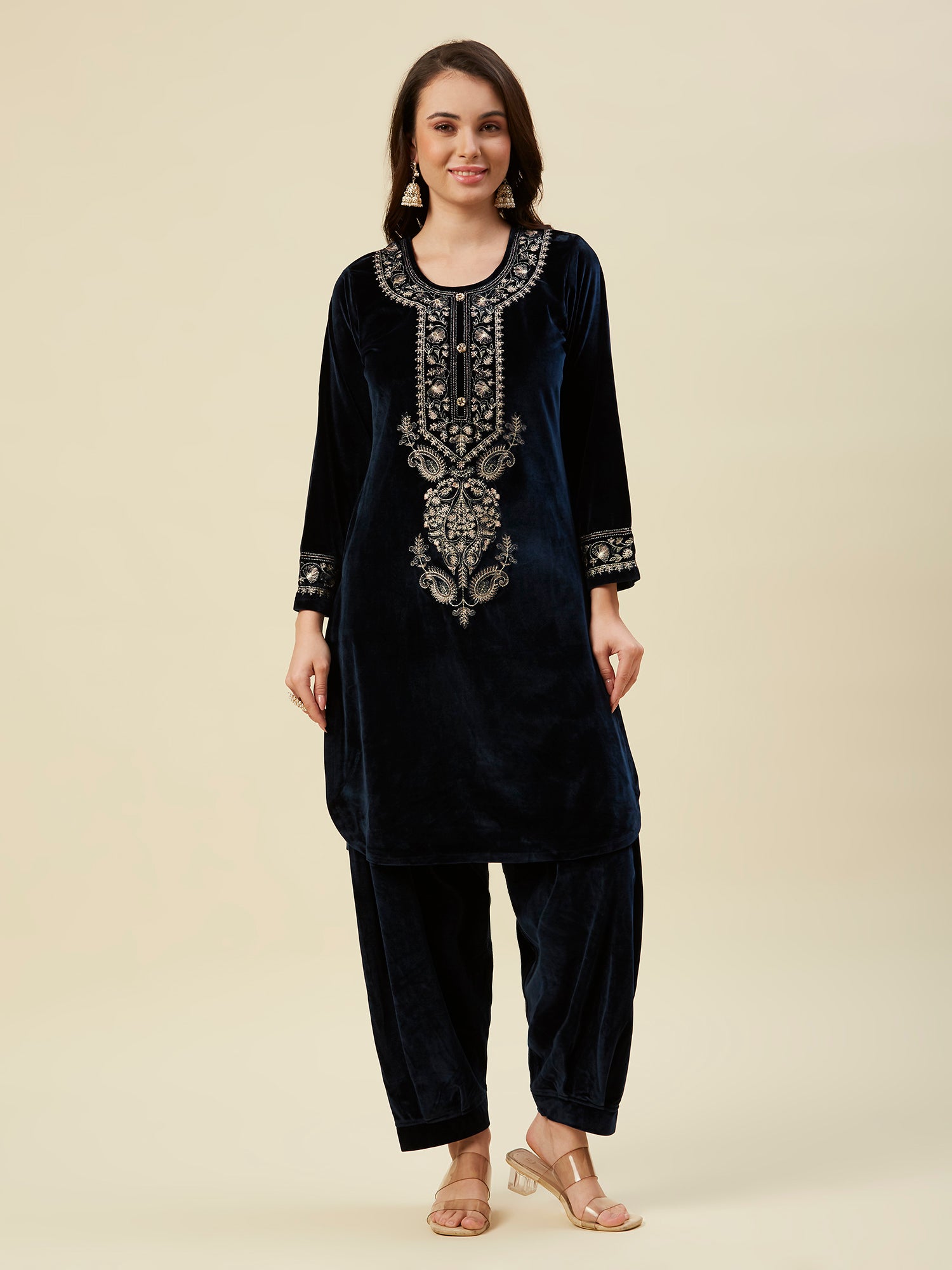 Navy Blue Embroidered Velvet Straight Salwar Suit