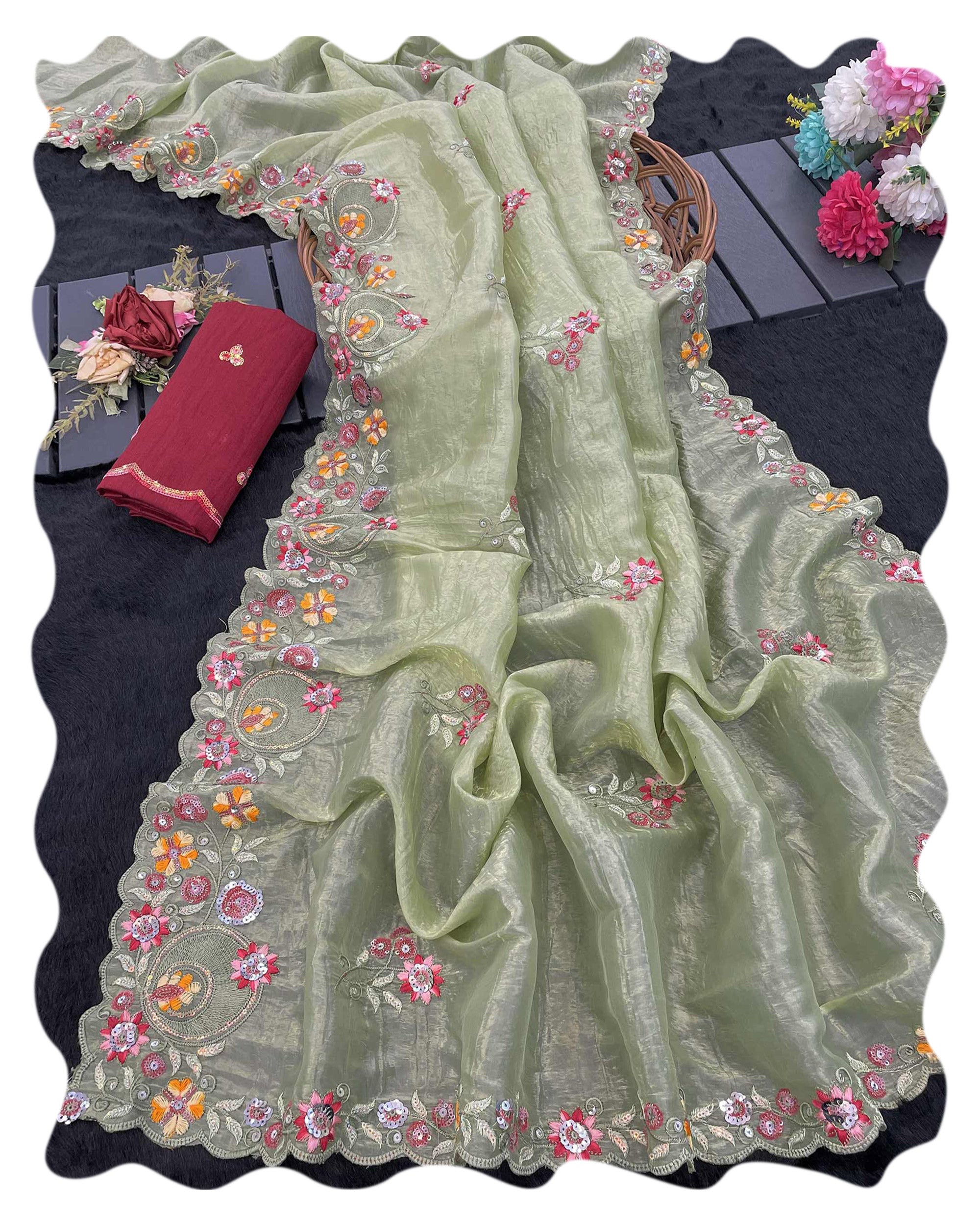 Pista Green Elegance Cotton Silk Saree with Floral Sequins Embroidery