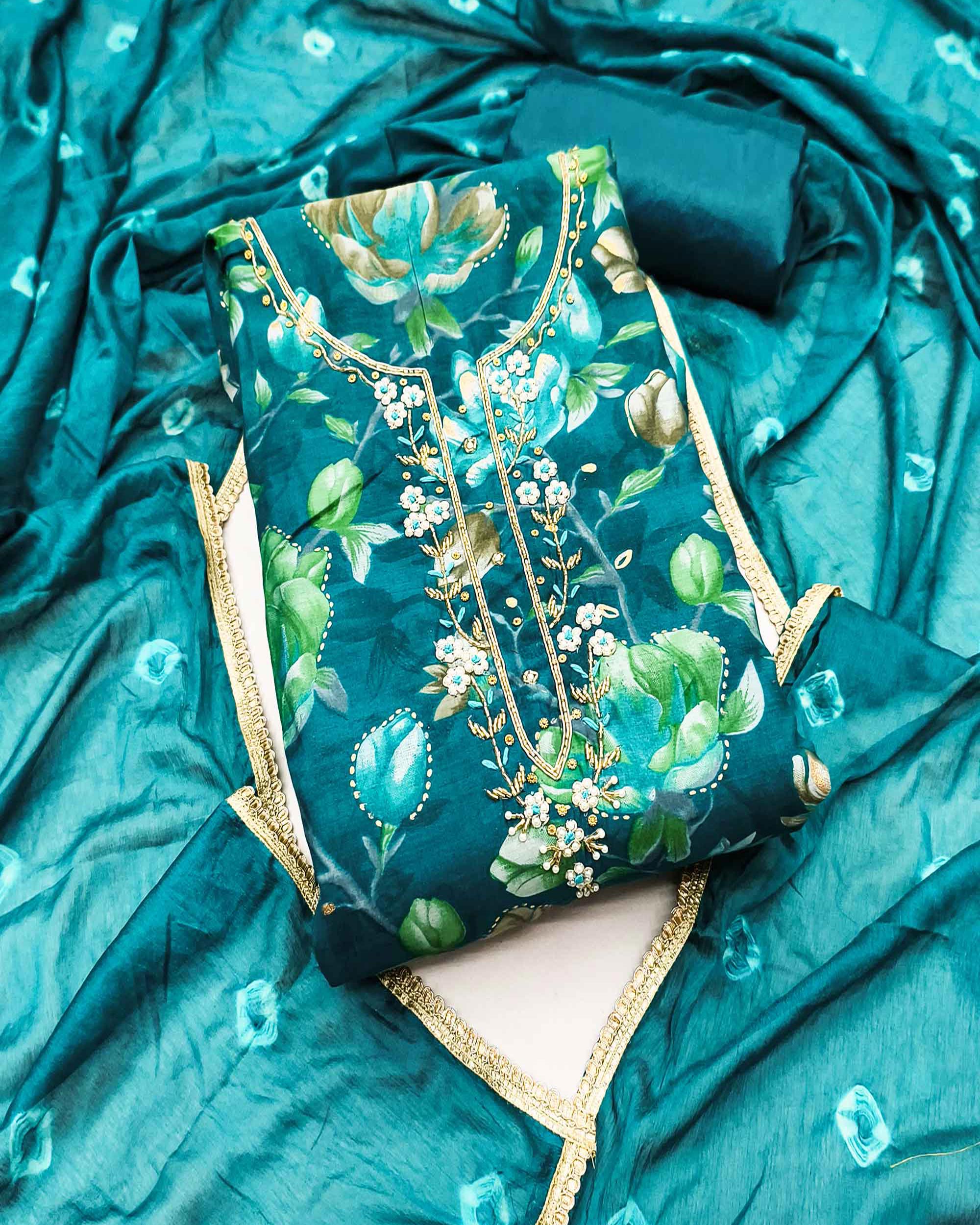 Exclusive Teal Floral Printed Cotton Silk Dress Material Adorned With Beads & Moti Handwork