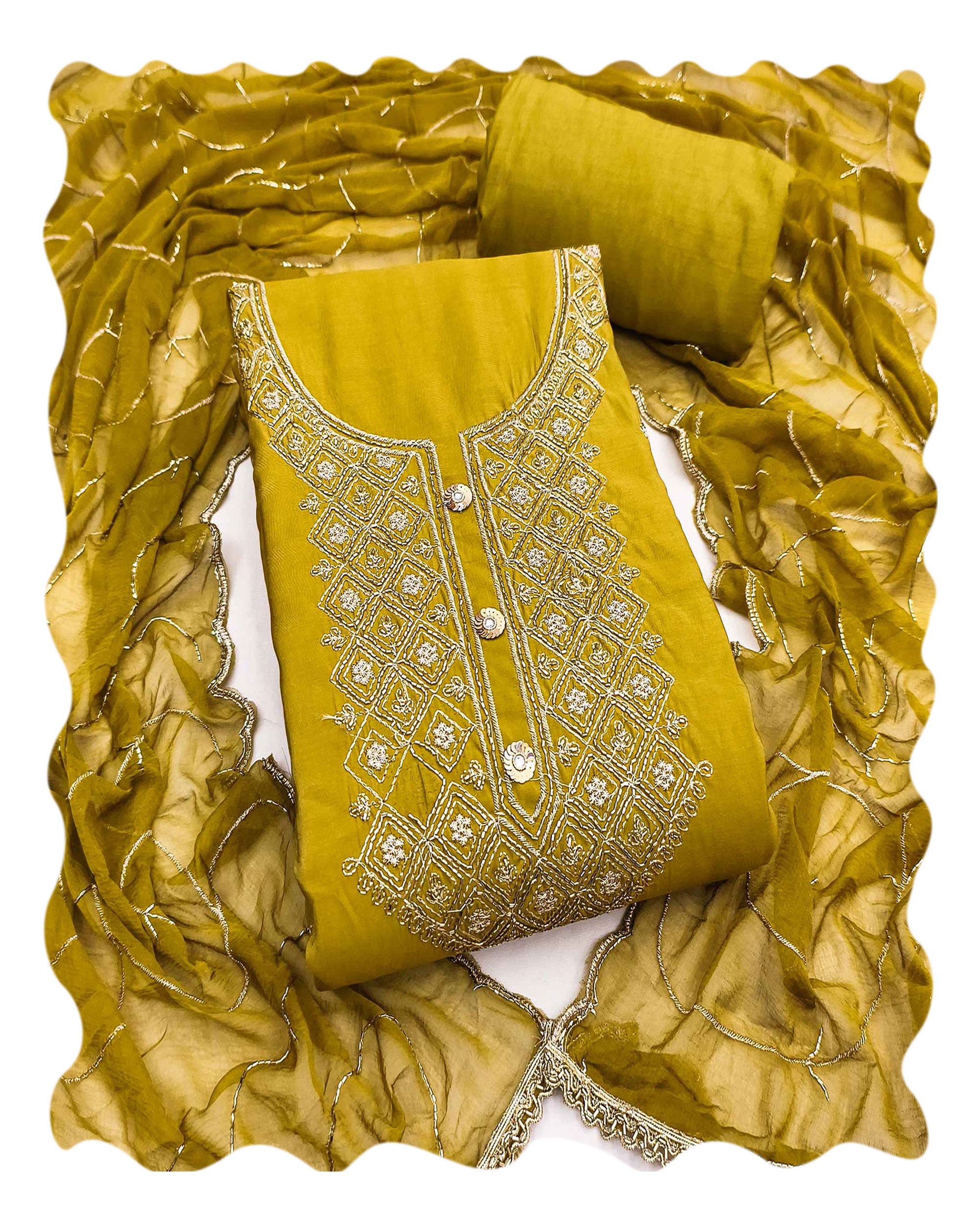 Stylish Mustard Floral Embroidered Viscose Dress Material Showcasing Elegant Cutdana Handwork