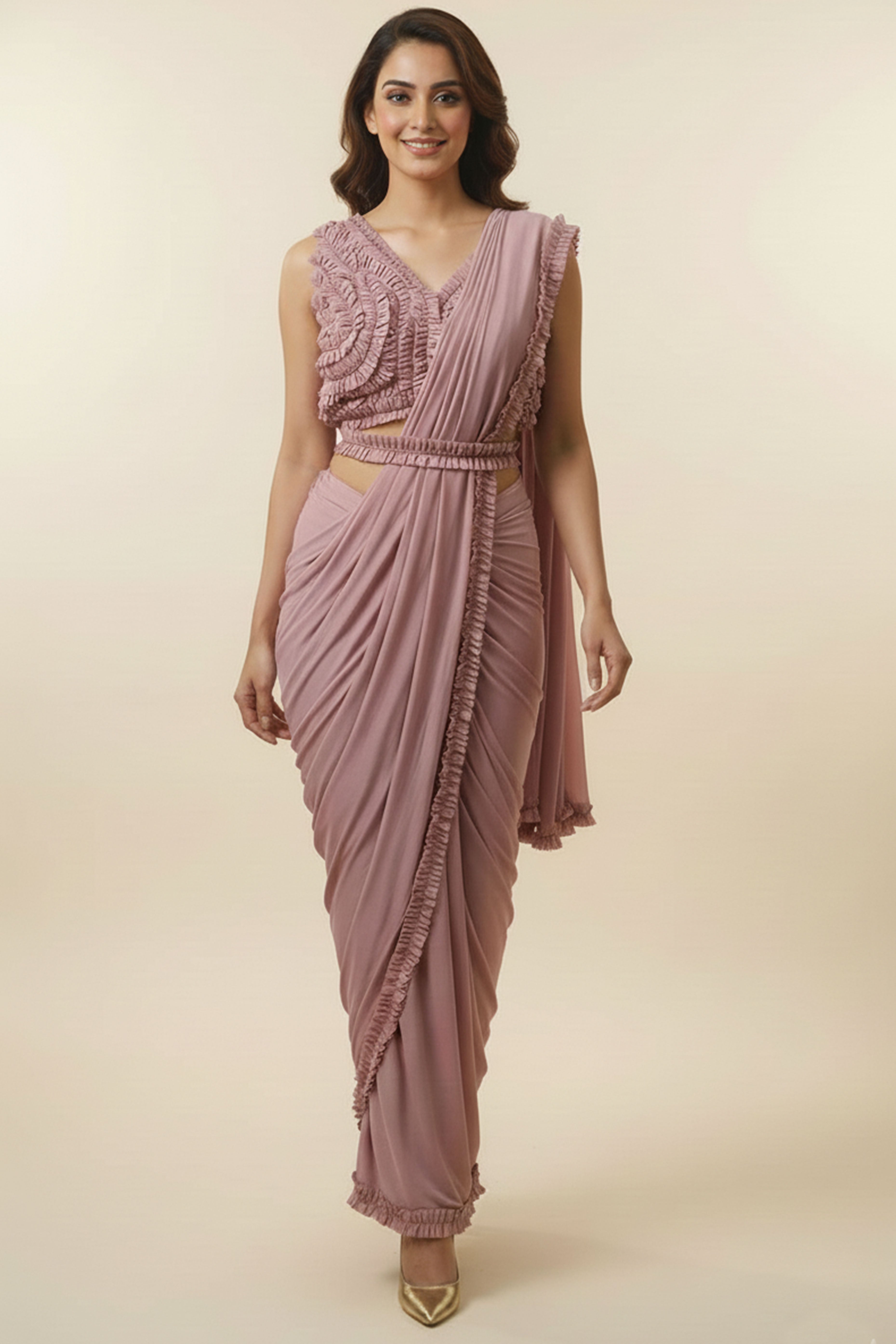 Gorgeous Baby Pink Ready-to-Wear Partywear Saree in Imported Lycra Fabric for Effortless Glam