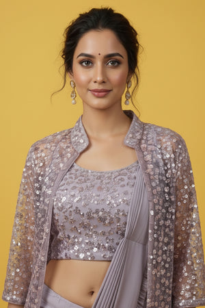 Contemporary Lycra Ruffled Stitched Saree in Lavender with Shimmer Jacket