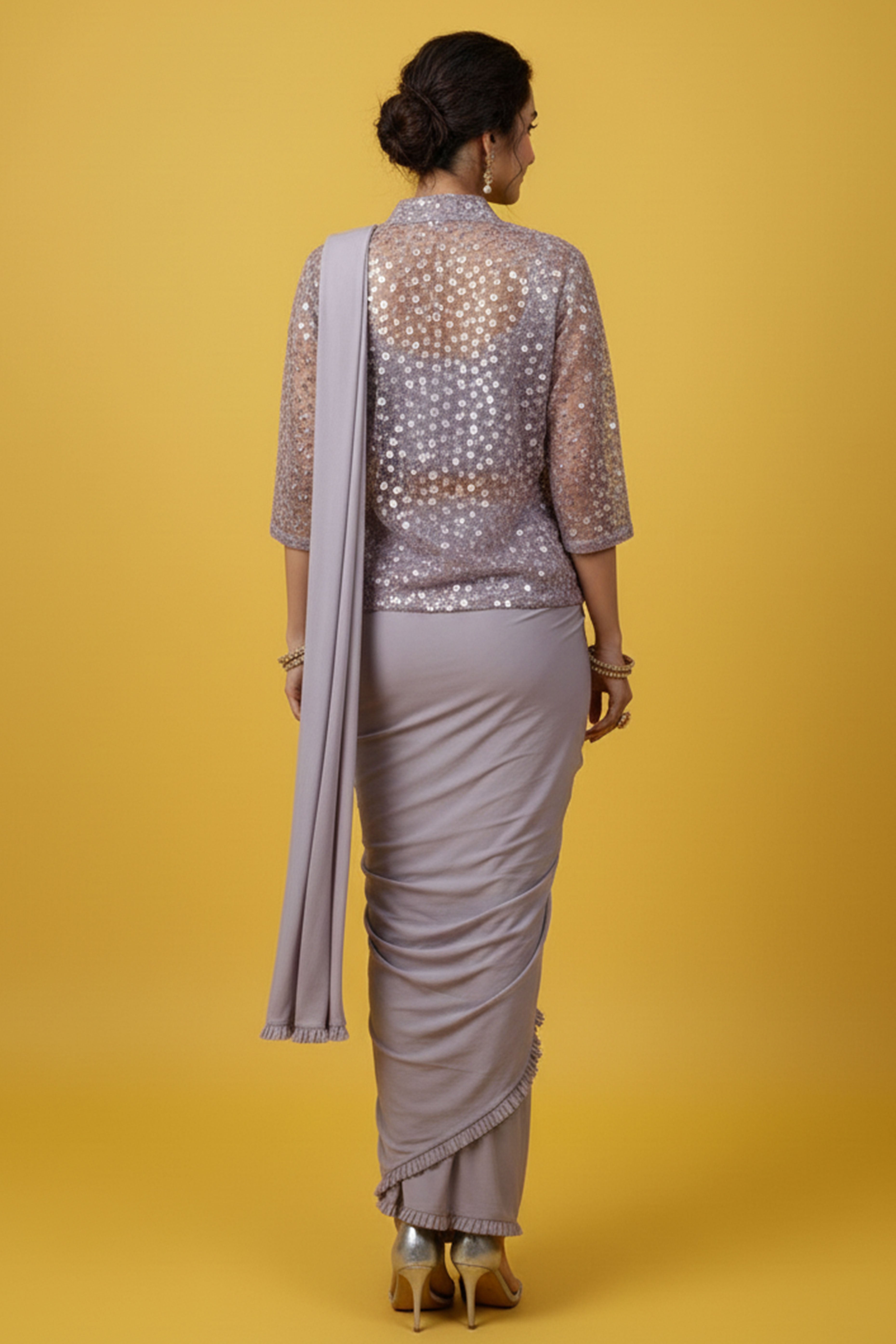 Contemporary Lycra Ruffled Stitched Saree in Lavender with Shimmer Jacket