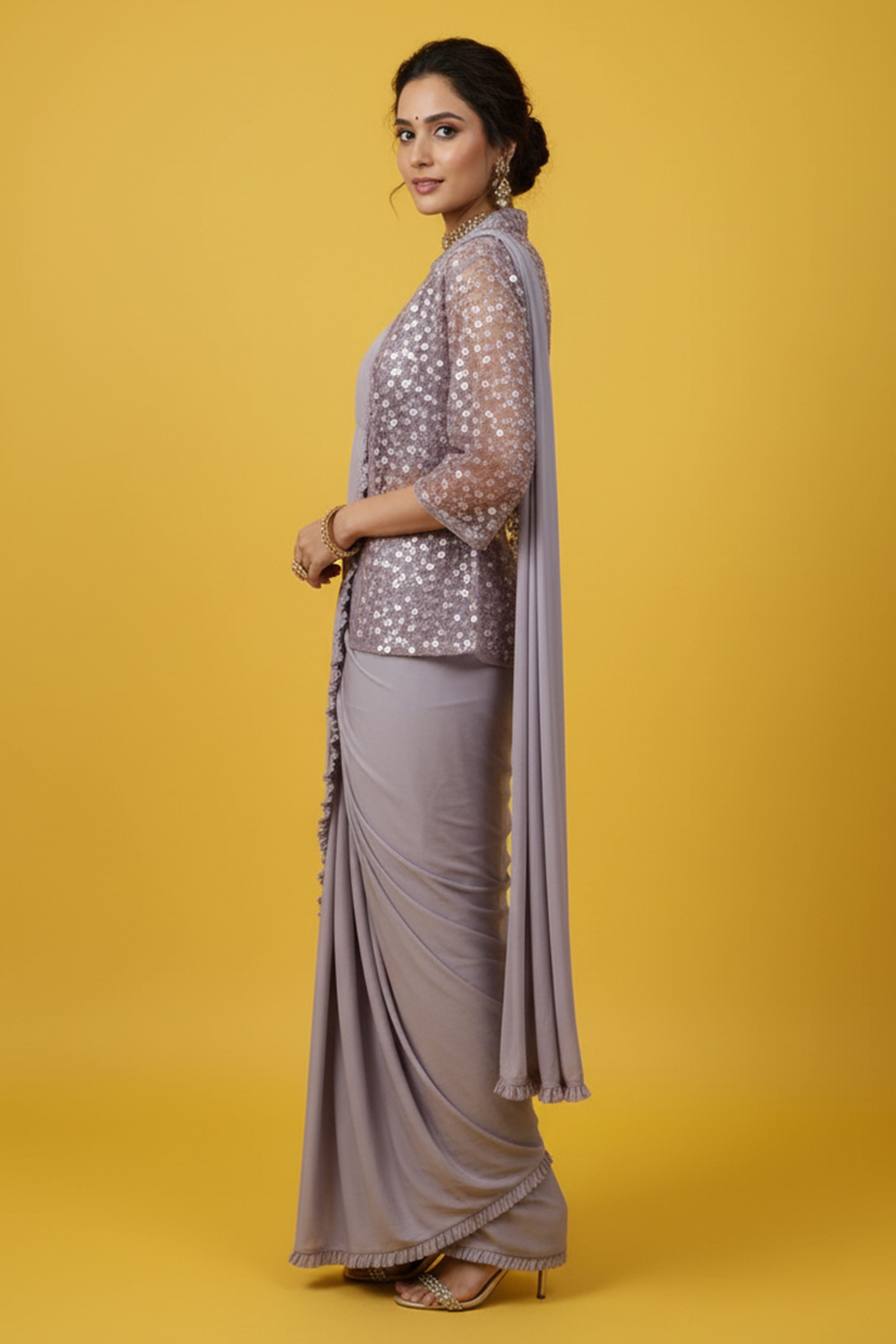 Contemporary Lycra Ruffled Stitched Saree in Lavender with Shimmer Jacket