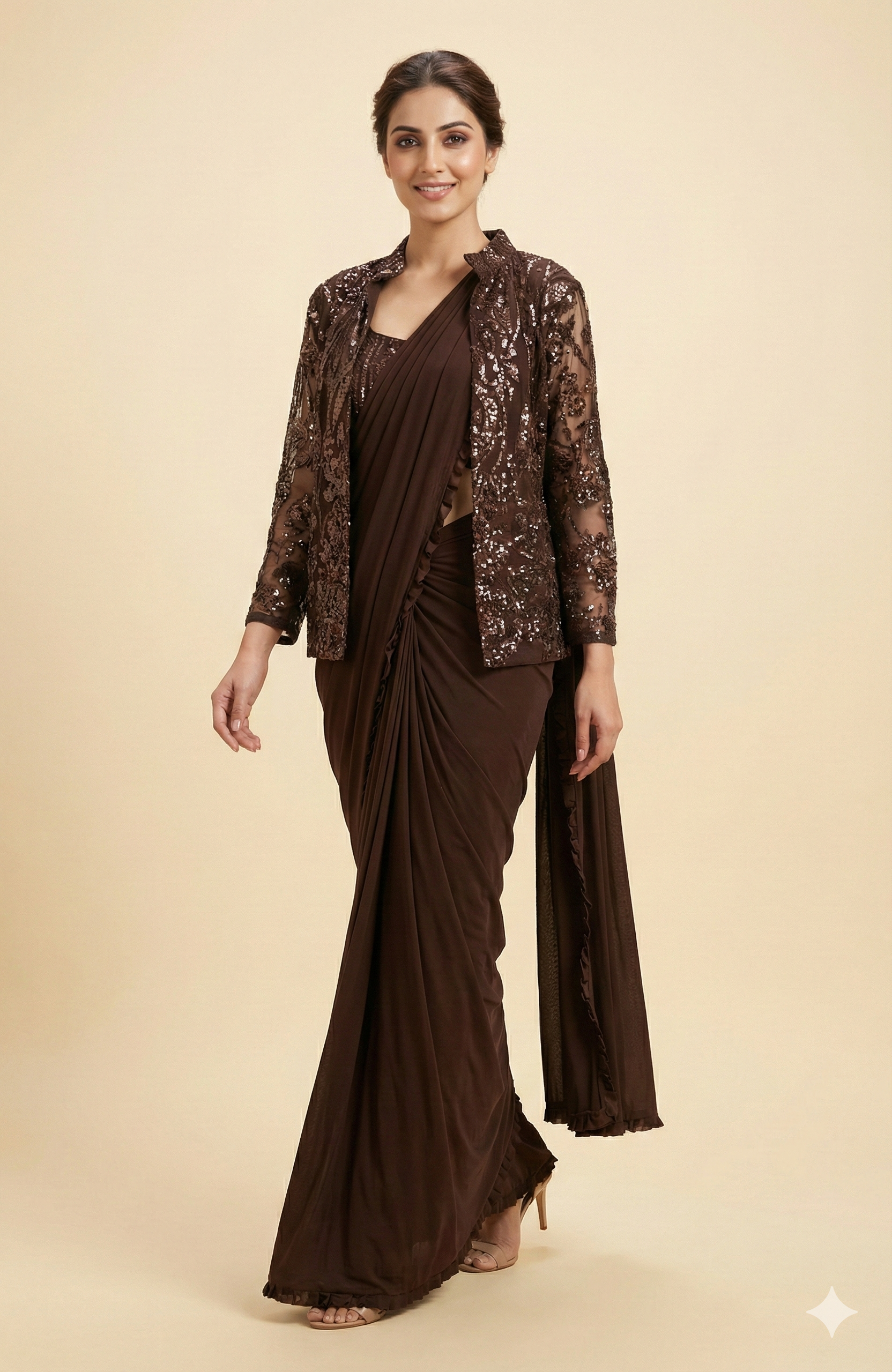 Brown Lycra Pre-Stitched Saree with Designer Sequin Jacket
