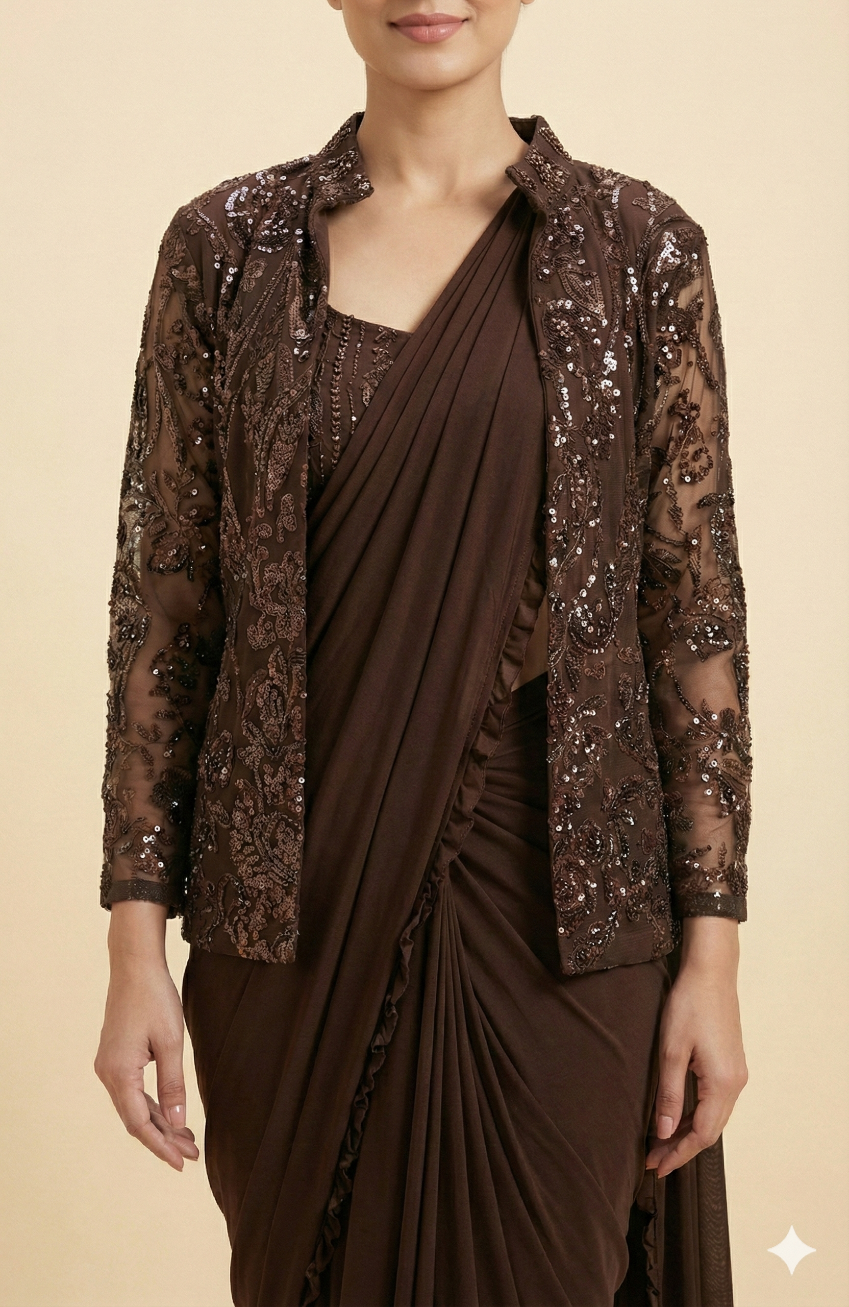 Brown Lycra Pre-Stitched Saree with Designer Sequin Jacket