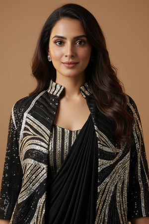 Black Lycra Pre-Stitched Saree with Designer Sequin Jacket